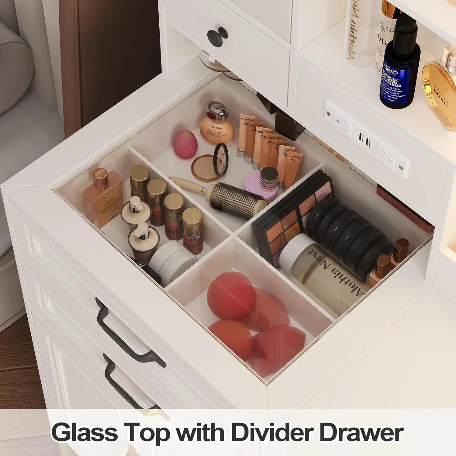 AMUZER Modern Vanity Desk Set with Mirror and Lights & Stool, Makeup Vanity Table with Charging Station, 4 Stoarge Drawers & Double-Door Cabinet, White