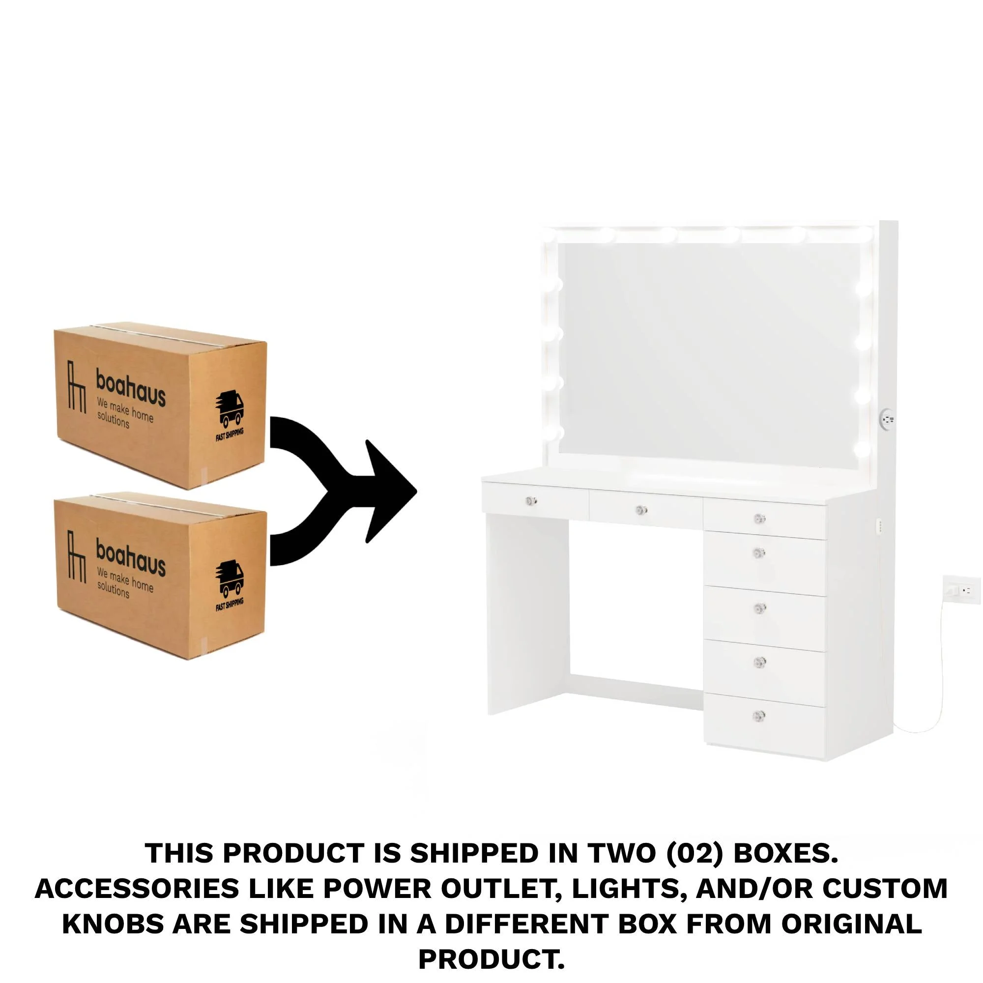Ember Interiors Caris White Makeup Vanity Desk with Add-On Lights, Charging Station, and Mirror, for Adults