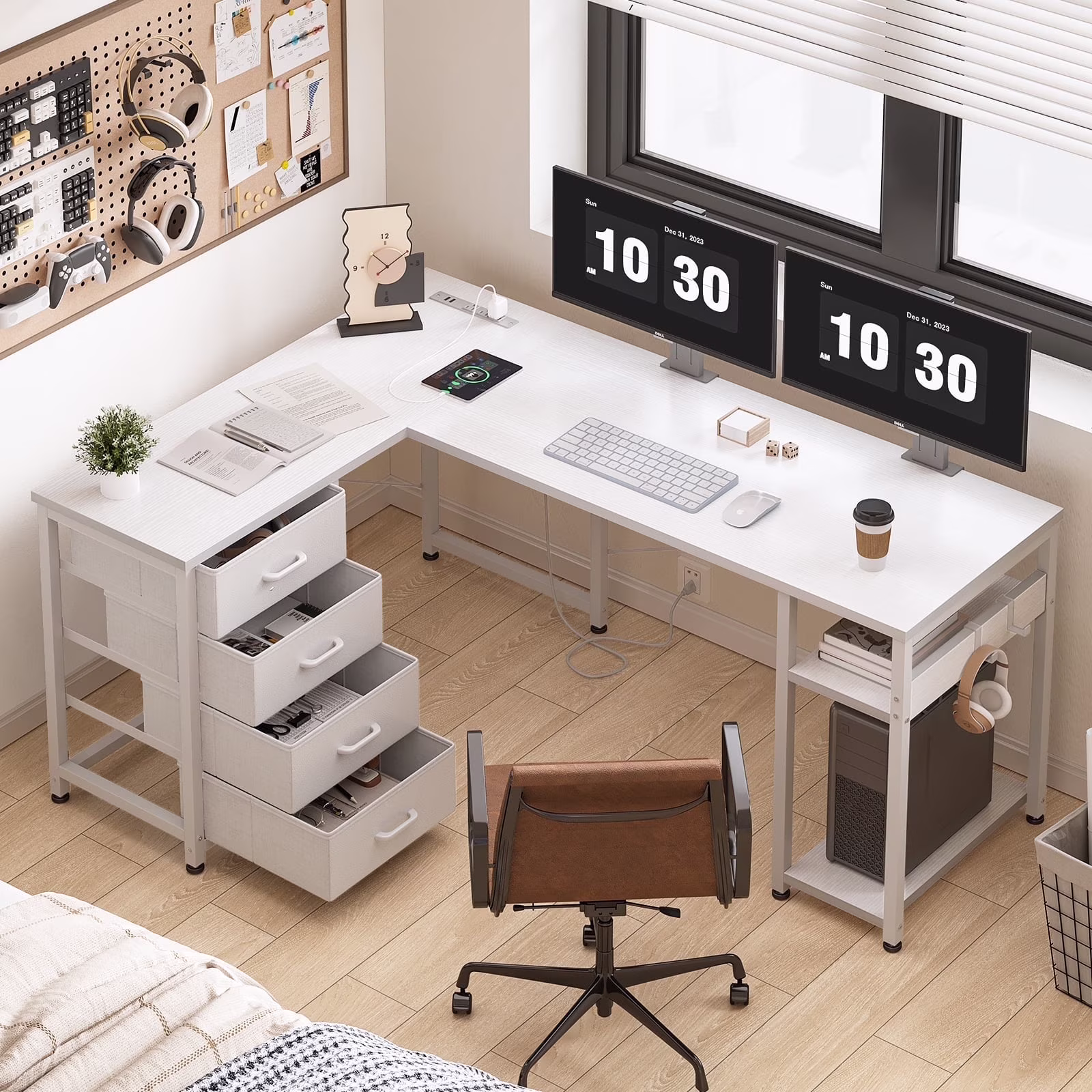 Reversible Modern Simple Style L Shaped Desk with Charging Station and Drawers, Pure Black