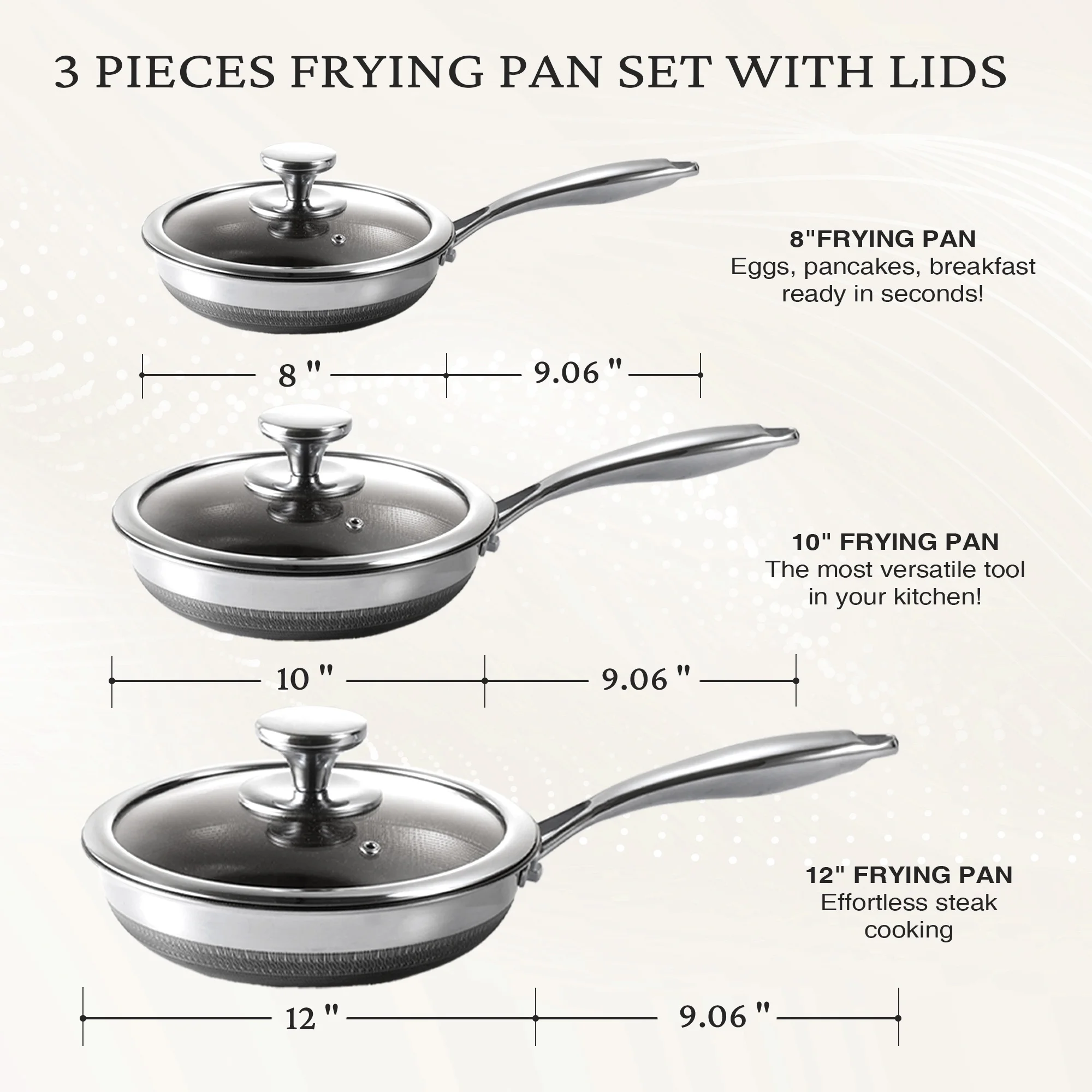 KITEXPERT Nonstick Frying Pans Set, 3 Pcs (8, 10, 12