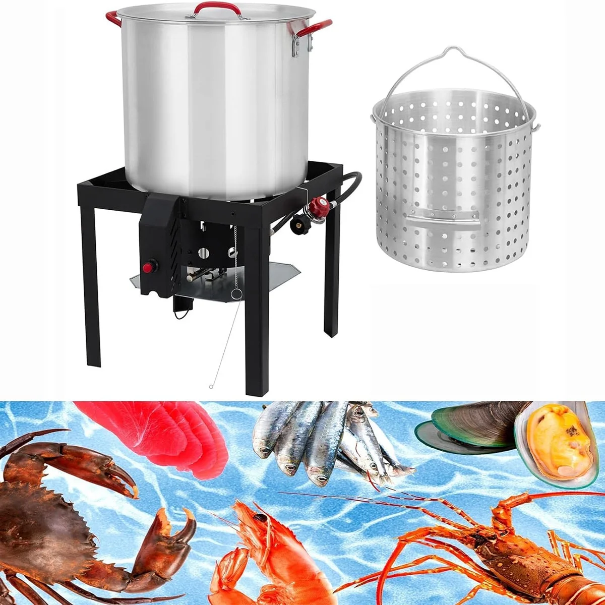Danolapsi 100 Qt Turkey Deep Fryer Pot,Aluminum Seafood Boil Pot with Strainer & Burner Set Crafish Boiler,110000 BTU Propane Stove Burner with Stock Pot,Basket Lid, Outdoor Cooking Shrimp Crab Boiler