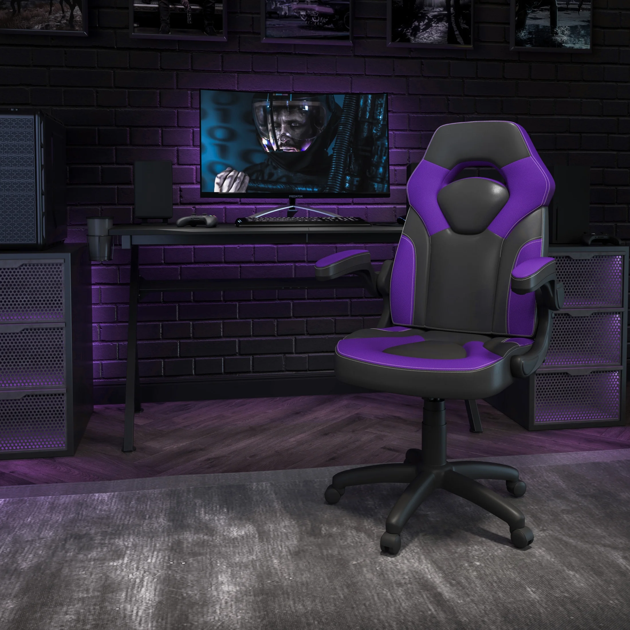Flash Furniture X10 Gaming Chair, Racing Style Ergonomic Office Chair, Height Adjustable Swivel Computer Chair with Flip-Up Arms, Purple/Black LeatherSoft
