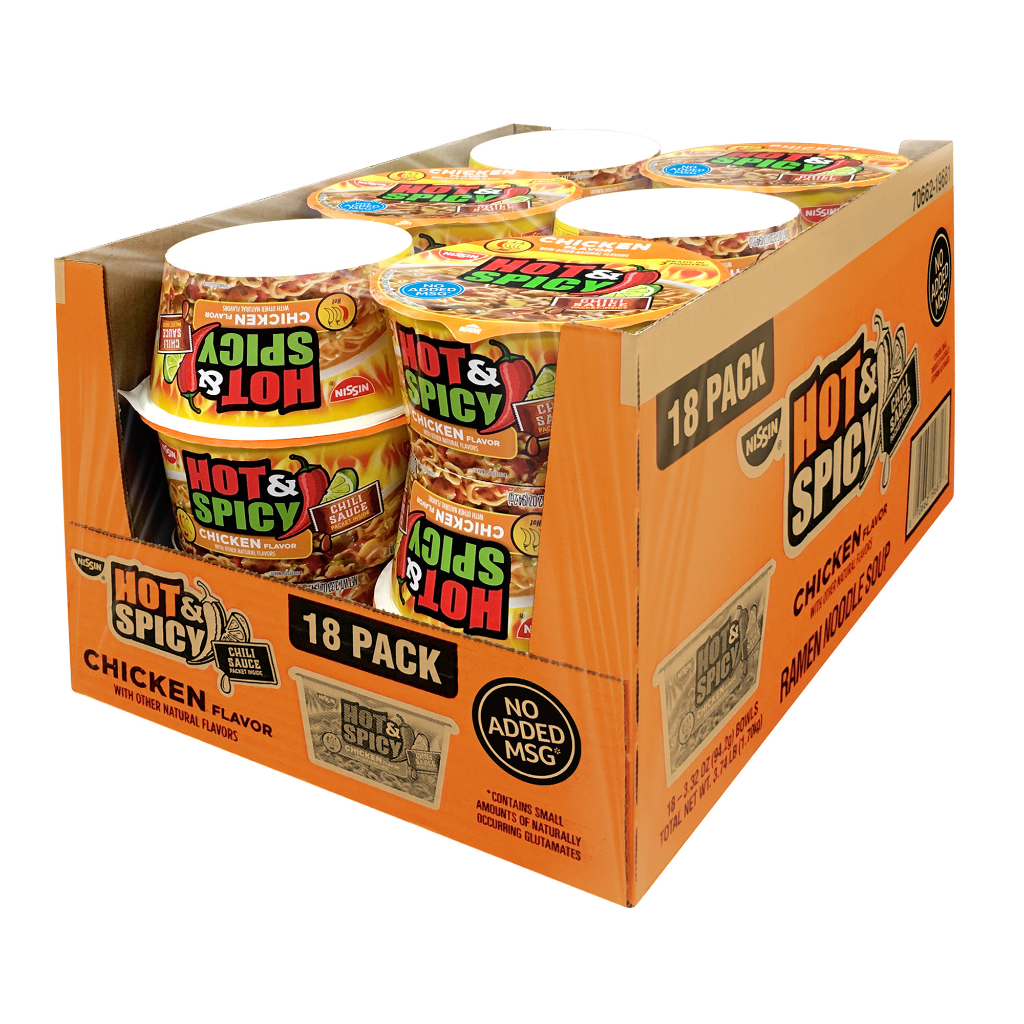 Nissin, Hot & Spicy Noodle Bowl, Chicken, 3.32 oz, 18-Count