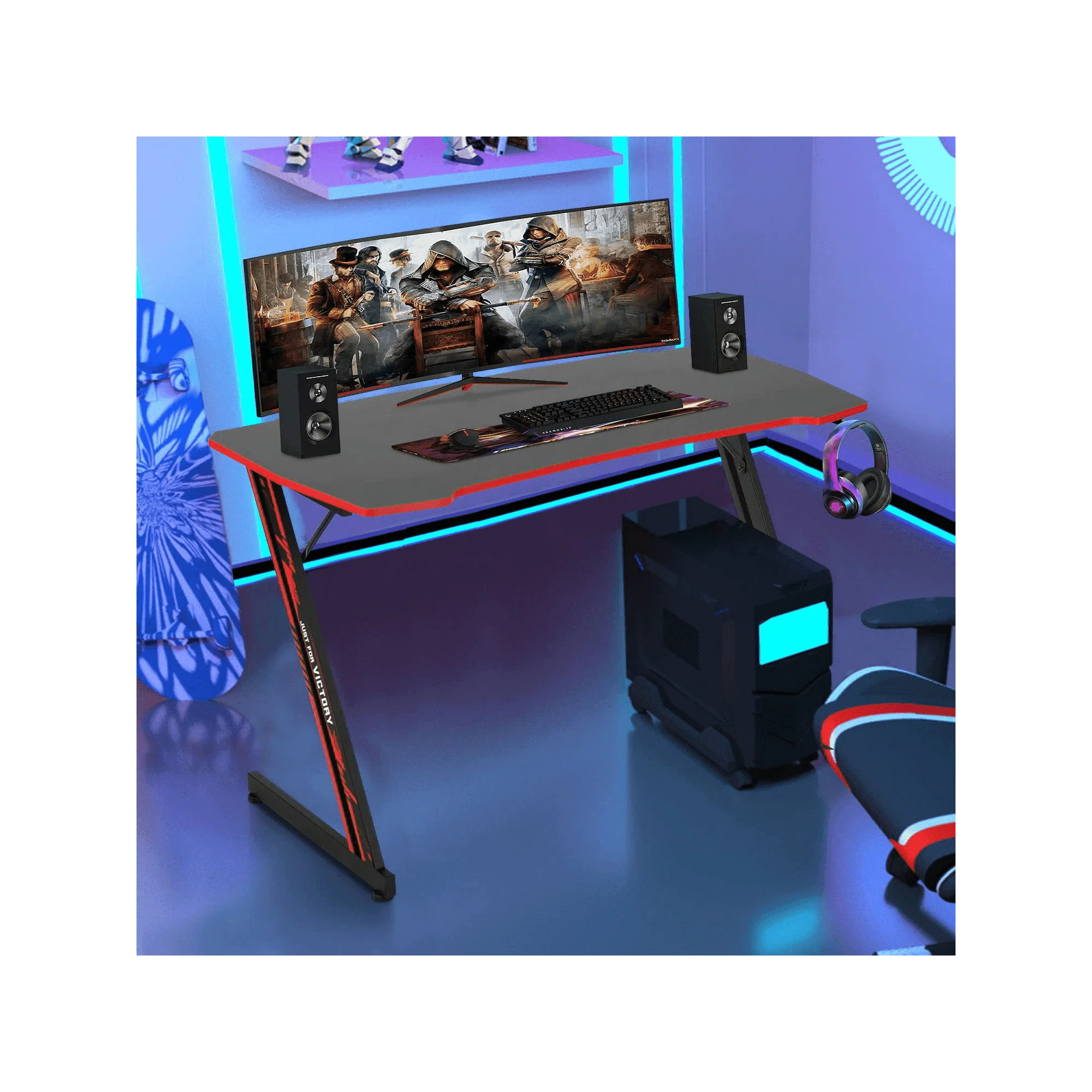 47 inch Z-Shaped Gaming Desk Computer Desk, Ergonomic Writing Office Desk Racing Style PC Gaming Table Workstation with Headphone Hook for Game Players, Red