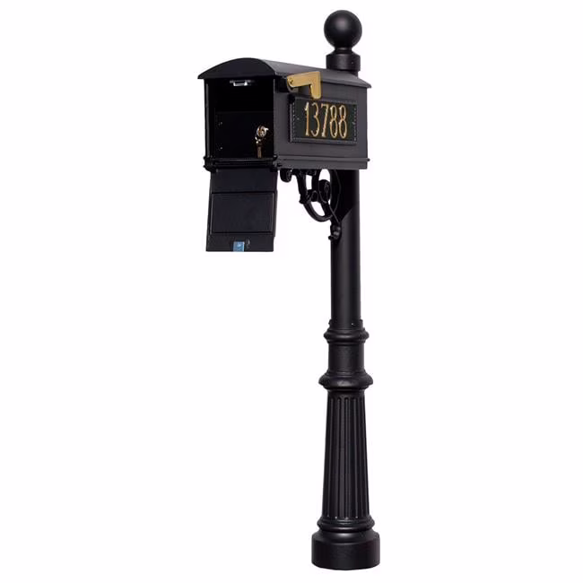 Lewiston LMC-LKIT-804-BZ Mailbox Locking Insert Post System with Fluted Base, Ball Finial & 3 Cast Plates - Bronze
