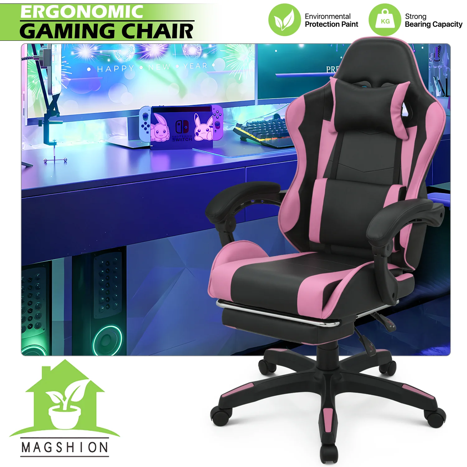 Magshion Adjustable Gaming Chair, Ergonomic PC Computer Seat with Headrest and Lumbar Support for Adults Teens Desk Chair, Black