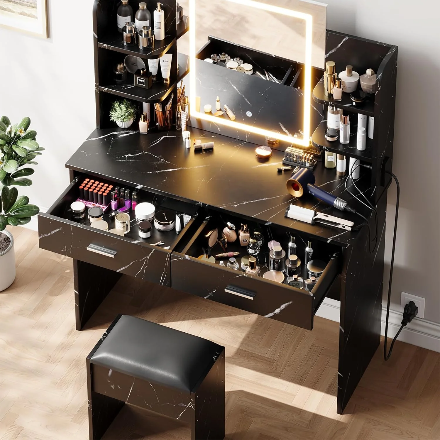 OYang Makeup Vanity Desk with Lighted Mirror and Stool, Vanity Table and Chair Set with 2 Storage Drawer 4 Shelves, Power Outlet, 3 Color Modes Adjustable LED Mirror & Stepless Dimmable for Bedroom