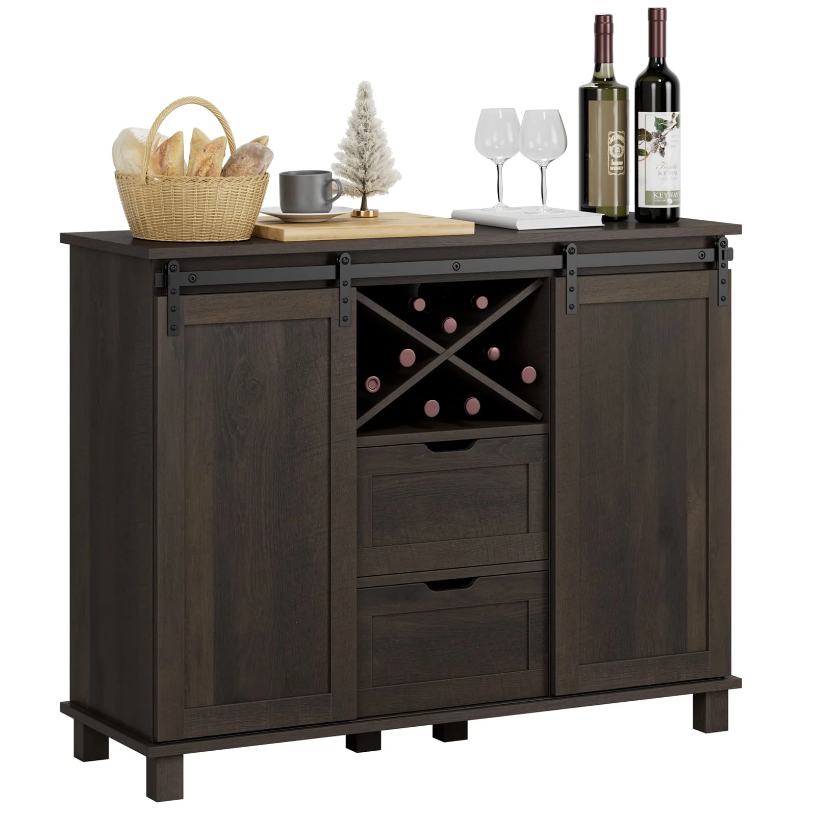 Homfa 2 Drawer 2 Barn Door Sideboard, Wood Buffet Cabinet, Farmhouse Storage Cabinet with Sliding Rail Barn Doors, Rustic Brown Finish