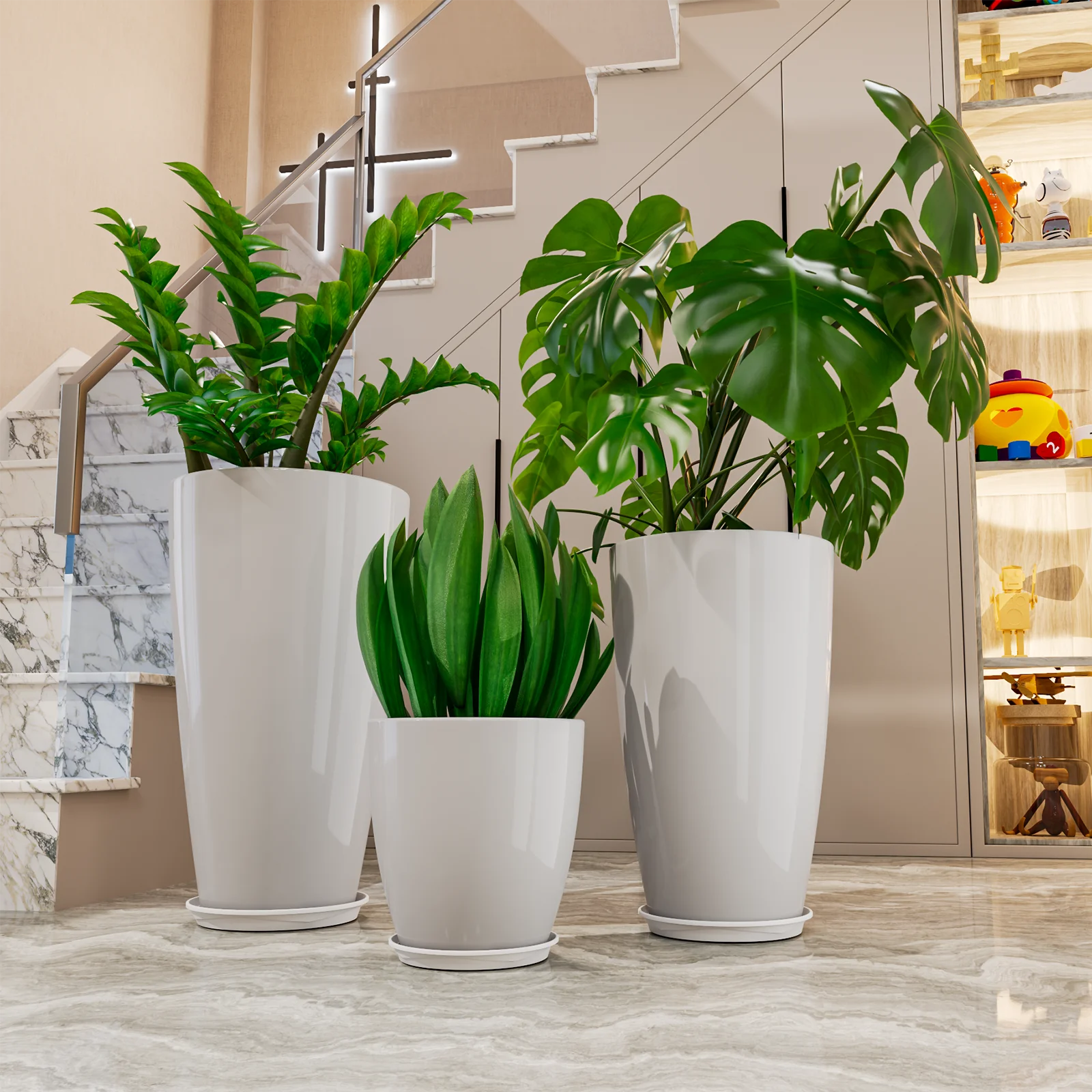 24,21,10 inch Large Planter for Indoor & Outdoor Plants, Set of 3, Sturdy Plant Flower Pots Modern Decor for Front Porch Patio,Blue