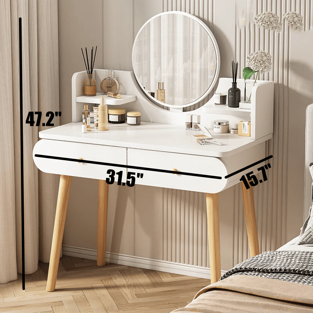Modern Vanity Table Makeup Desk, 2 Drawers and 4 Shelves for Bedroom White(Without Stool and LED)