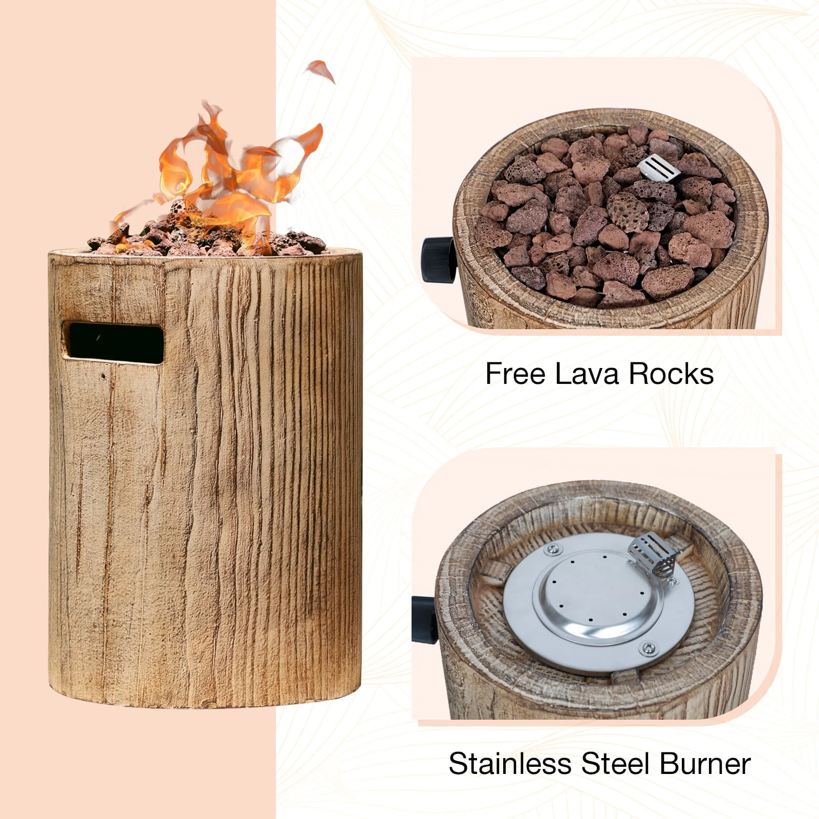 Tabletop Fireplace Small Propane Fire Pit, Patio Outdoor 10inch Portable Concrete Tabletop Gas Fire Bowl, Round-Wood Pattern Brown