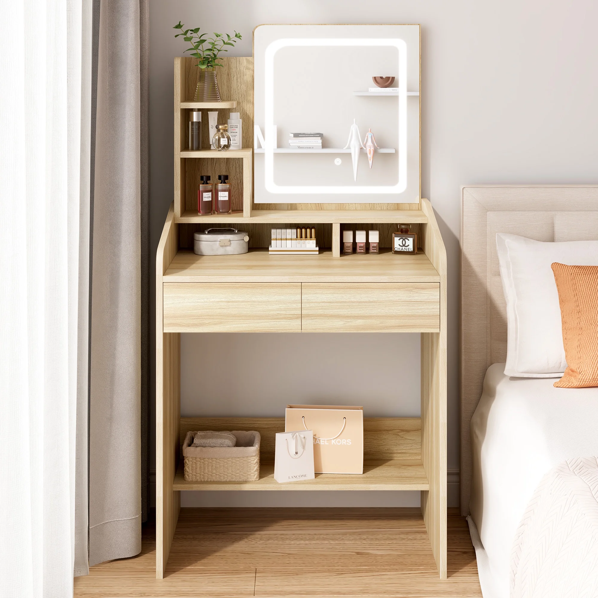 LIVELYGLOW Vanity Desk Set with Square Mirror and Light- Small Vanity Table with Drawers- White