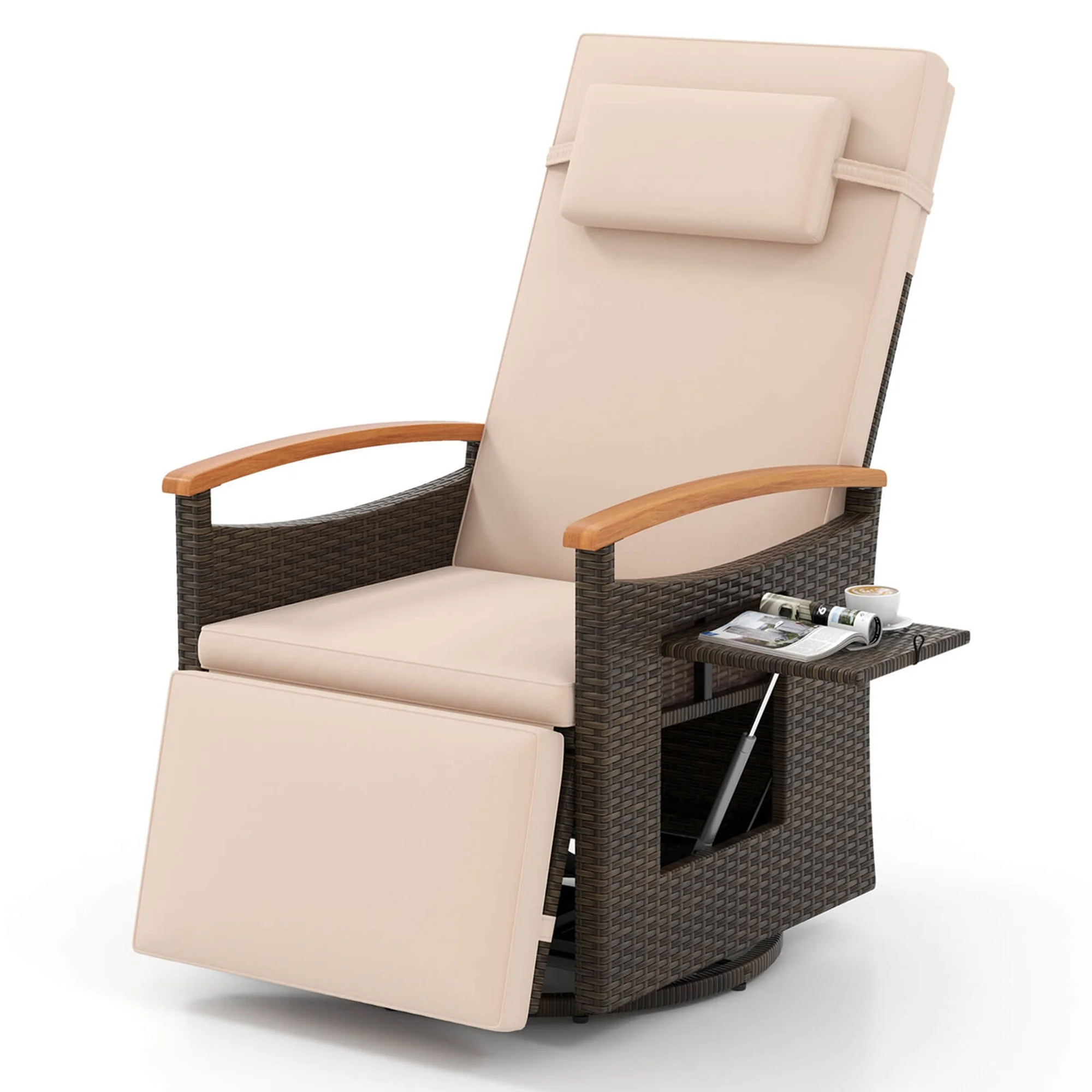 Costway Outdoor 360�� Swivel Rattan Recliner Chair Patio Wicker Chaise Lounge Chair Beige