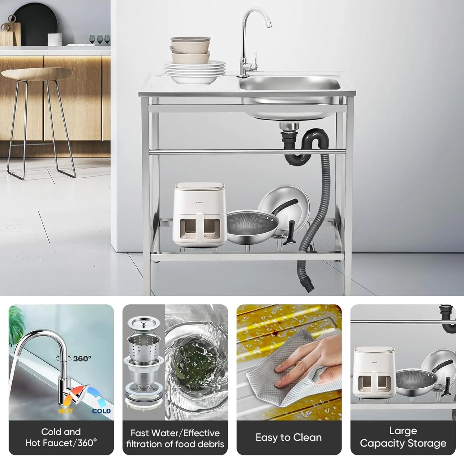 Free Standing Single Bowl Kitchen Sink, Stainless Steel Utility Sink with Cold and Hot Water Hose for Kitchen, Garage, Backyard