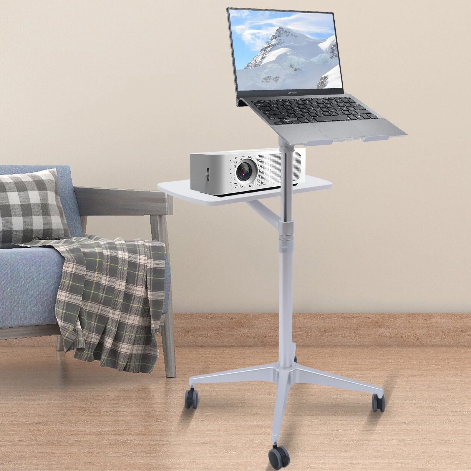 OUKANING Rolling Laptop Desk Lift Cart Mobile Monitors Computer Workstation