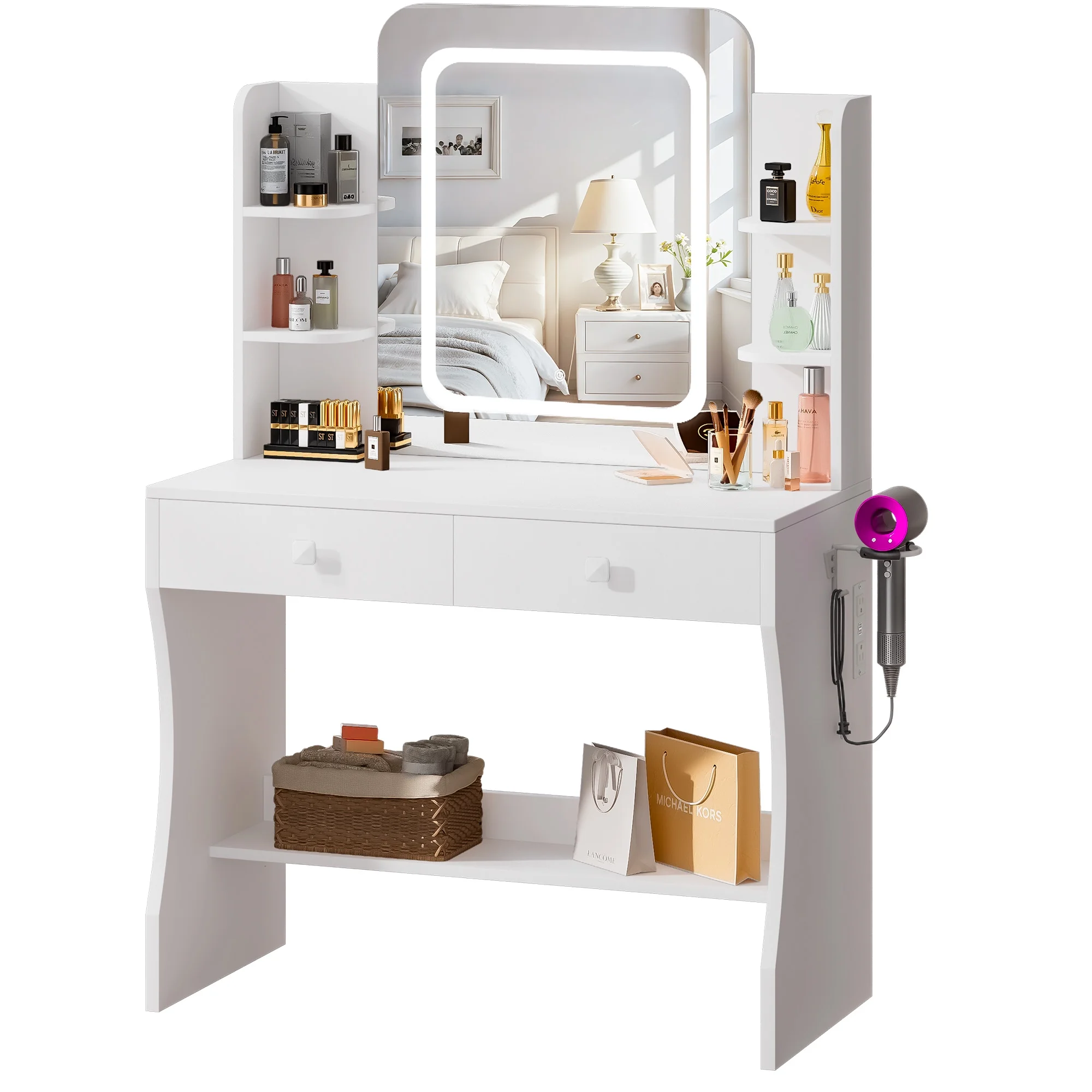 LIVELYGLOW Vanity Desk Set with Square Mirror and Light- Small Vanity Table with Drawers- White
