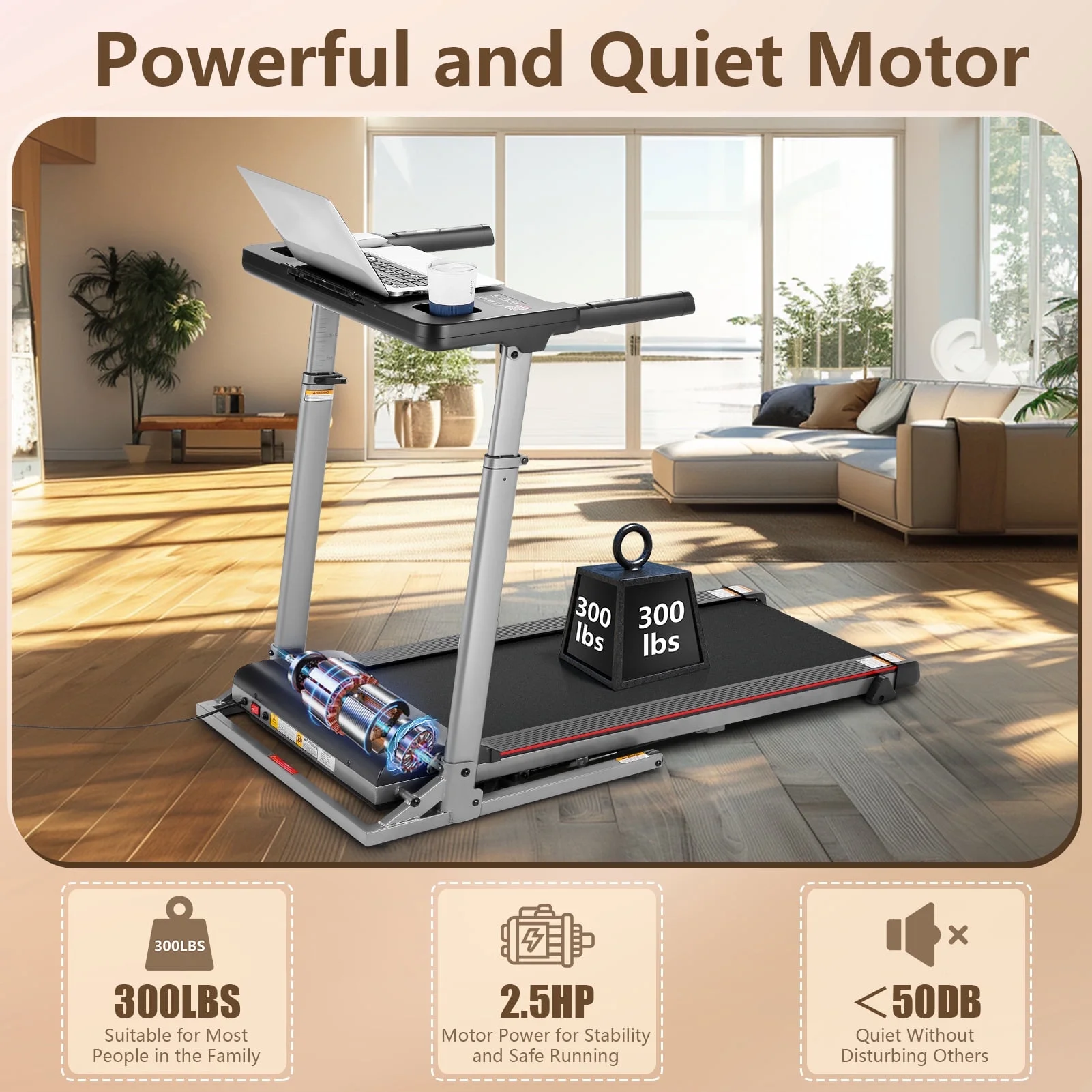 Simpfree Treadmill with Height-Adjustable Desk, 300LBS Folding Treadmill with Incline\App\Bluetooth Speakers\LED Monitor\64 Programs for Home, 0.6-7.5MPH/h