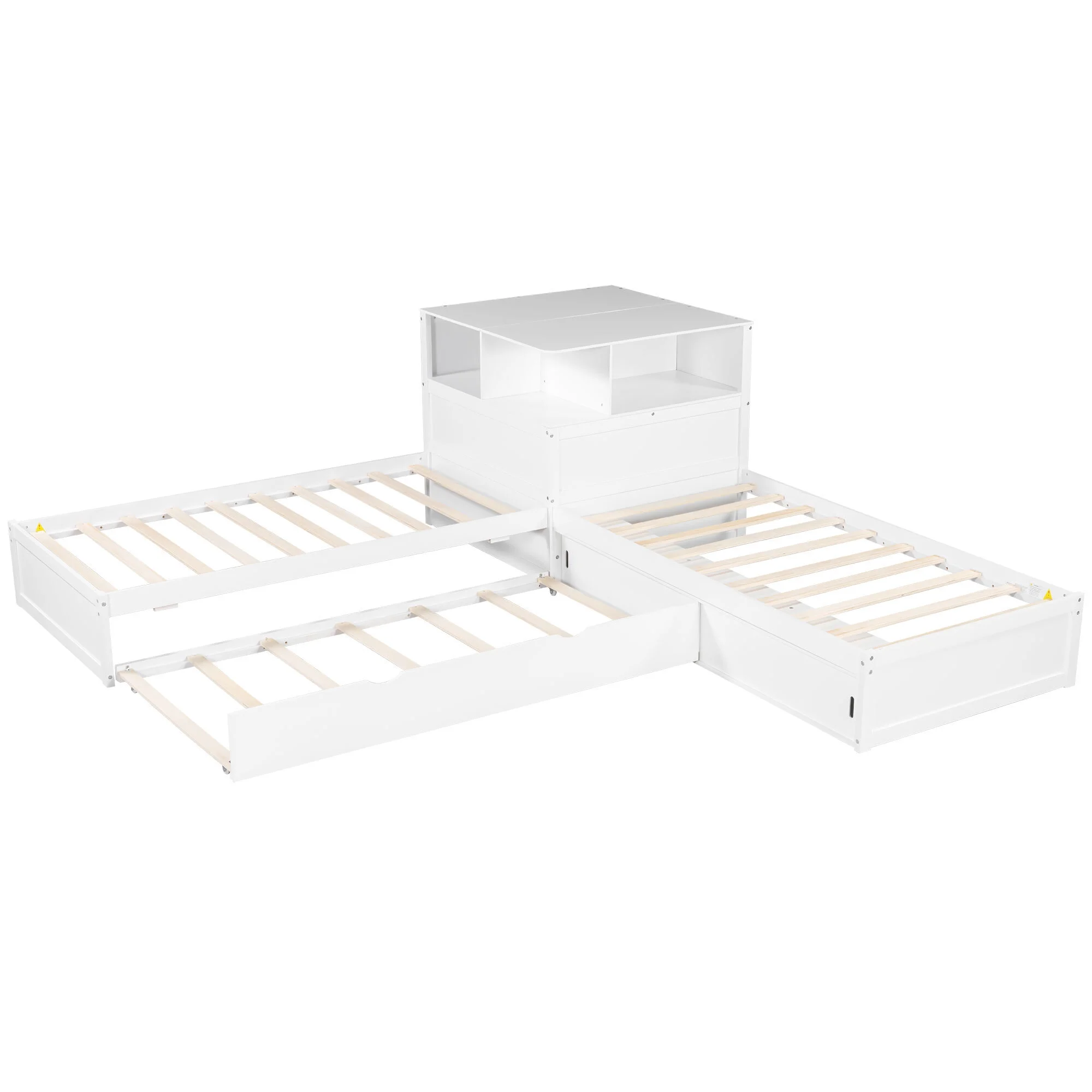 Euroco Pine Wood L-Shaped Twin Platform Bed with Storage Desk, Cabinets, Trundle and LED Light for Kids Teens, Gray