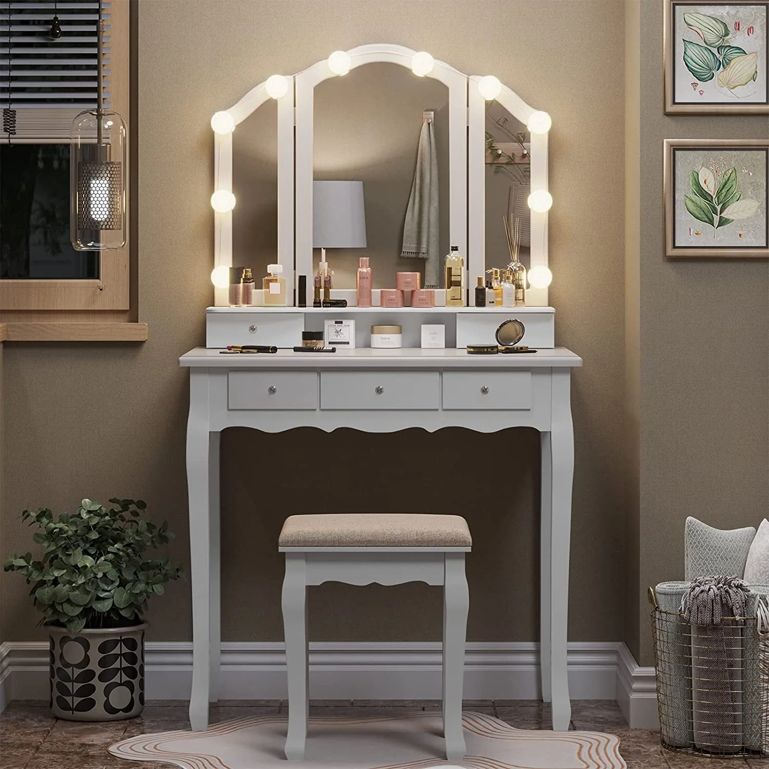 Tiptiper Vanity Table Set with Lighted Tri-Fold Mirror and Stool, Makeup Vanity Dressing Desk 5 Drawers, White