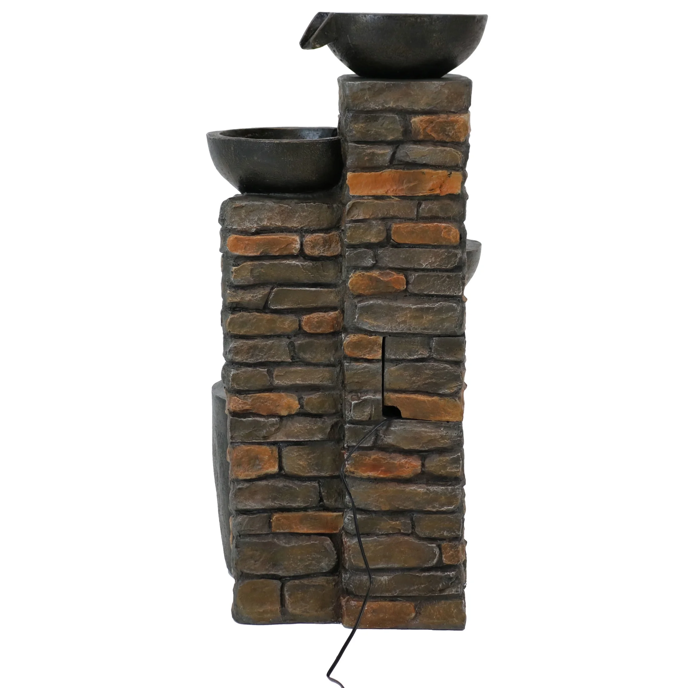 Sunnydaze Staggered Bowls Polyresin Outdoor Water Fountain with Light