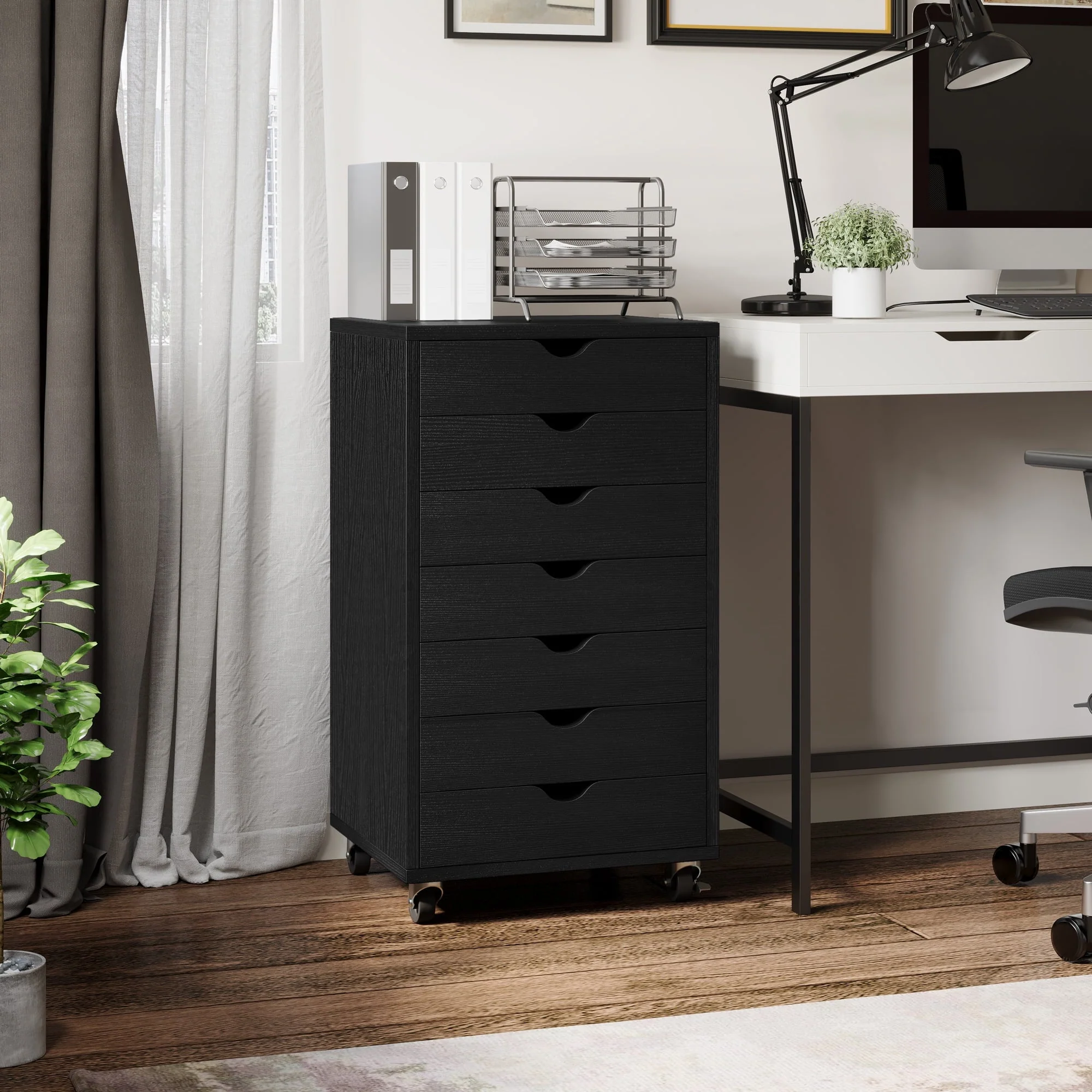 Dextrus 7-Drawer File Cabinets Office Wooden File Cabinet Chest Mobile Organizer Storage Rolling Storage Drawer Cabinet, Black