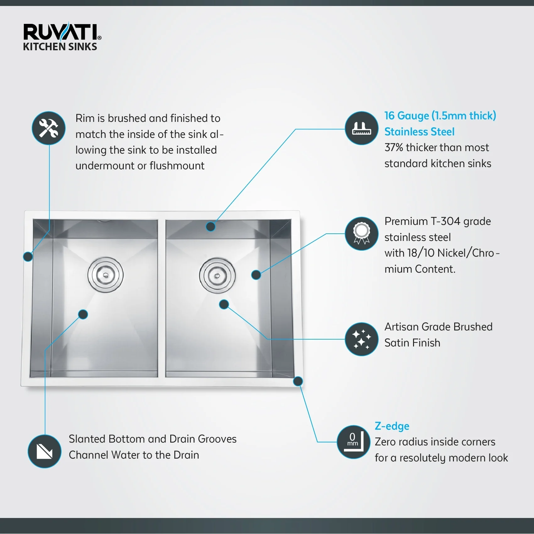 Ruvati RVH7350 Undermount 16 Gauge 30 in. Kitchen Sink Double Bowl