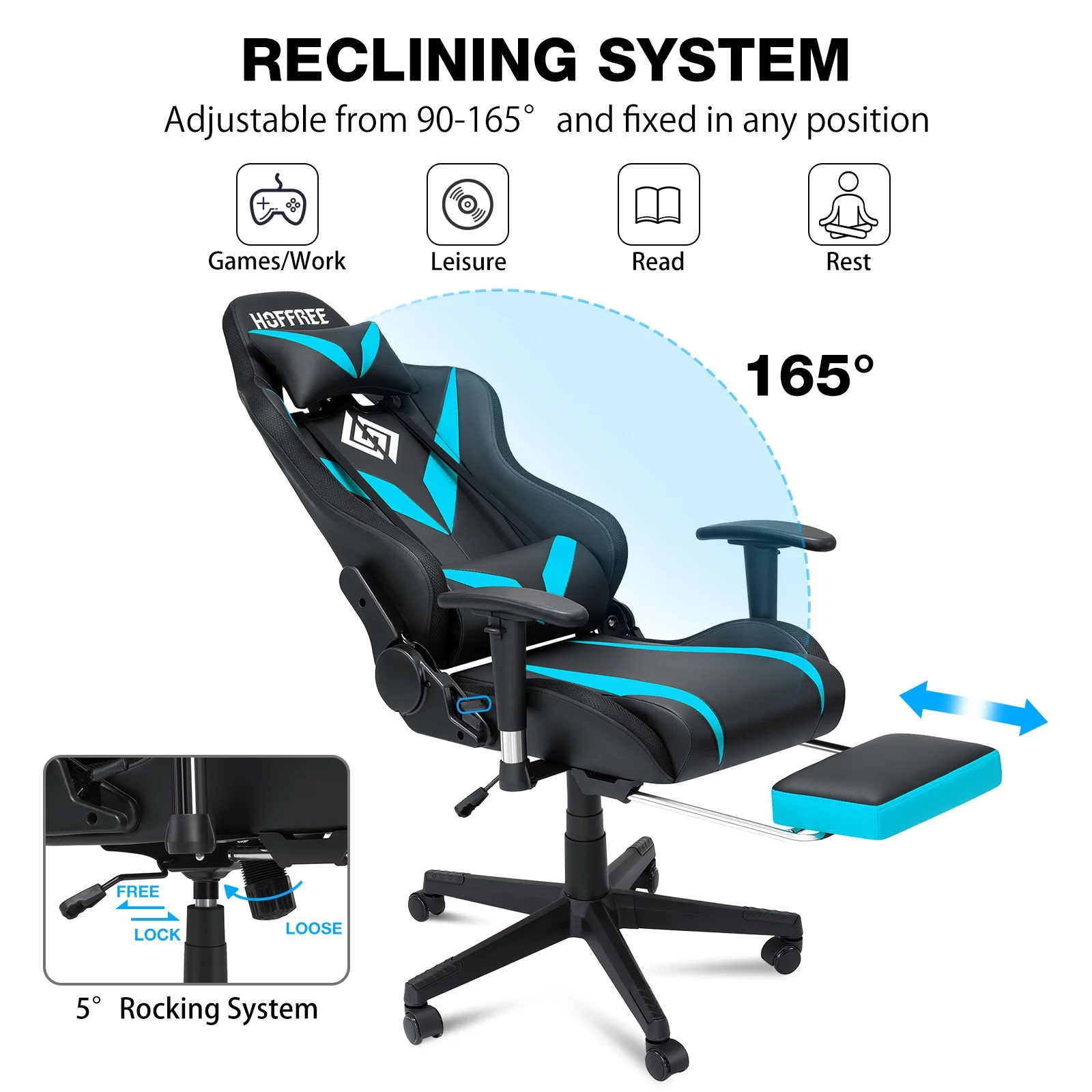Hoffree Gaming Chair with Speakers Gamer Chair with Footrest and Massage Reclining Video Game Chair with Led Lights and Swivel Seat and Headrest and 2D Armrests for Adults