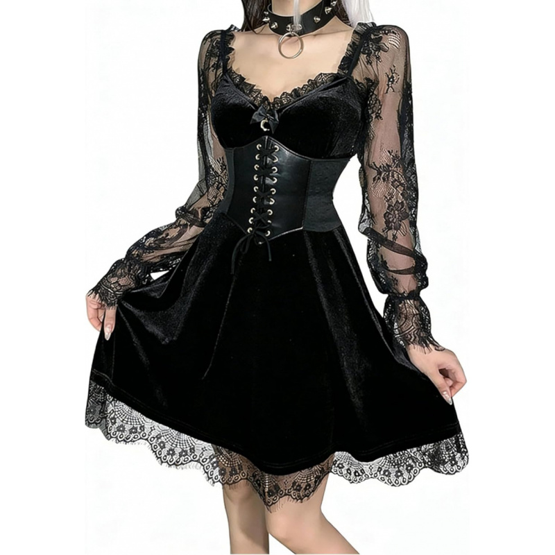 Women Gothic Velvet Dress - Flared Lace Long Sleeve Midi Dresses