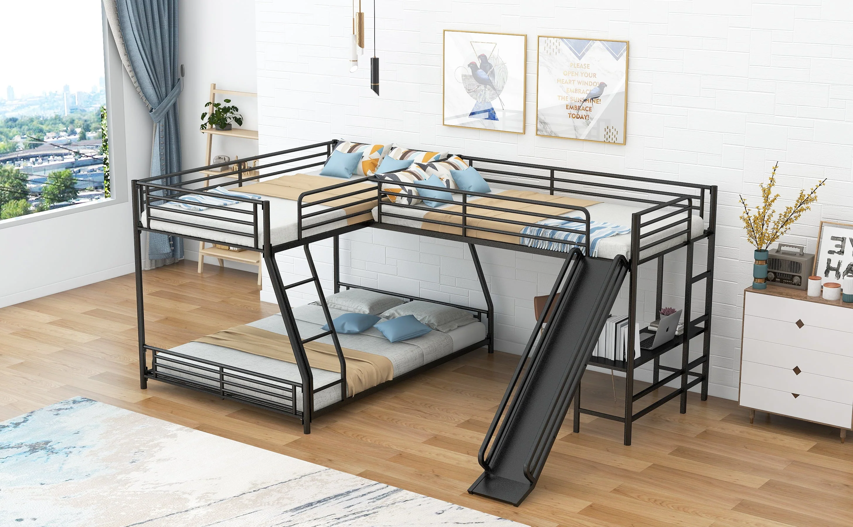 Metal L-Shaped Twin over Full Bunk and Loft Bed with Desk for Kids, Black