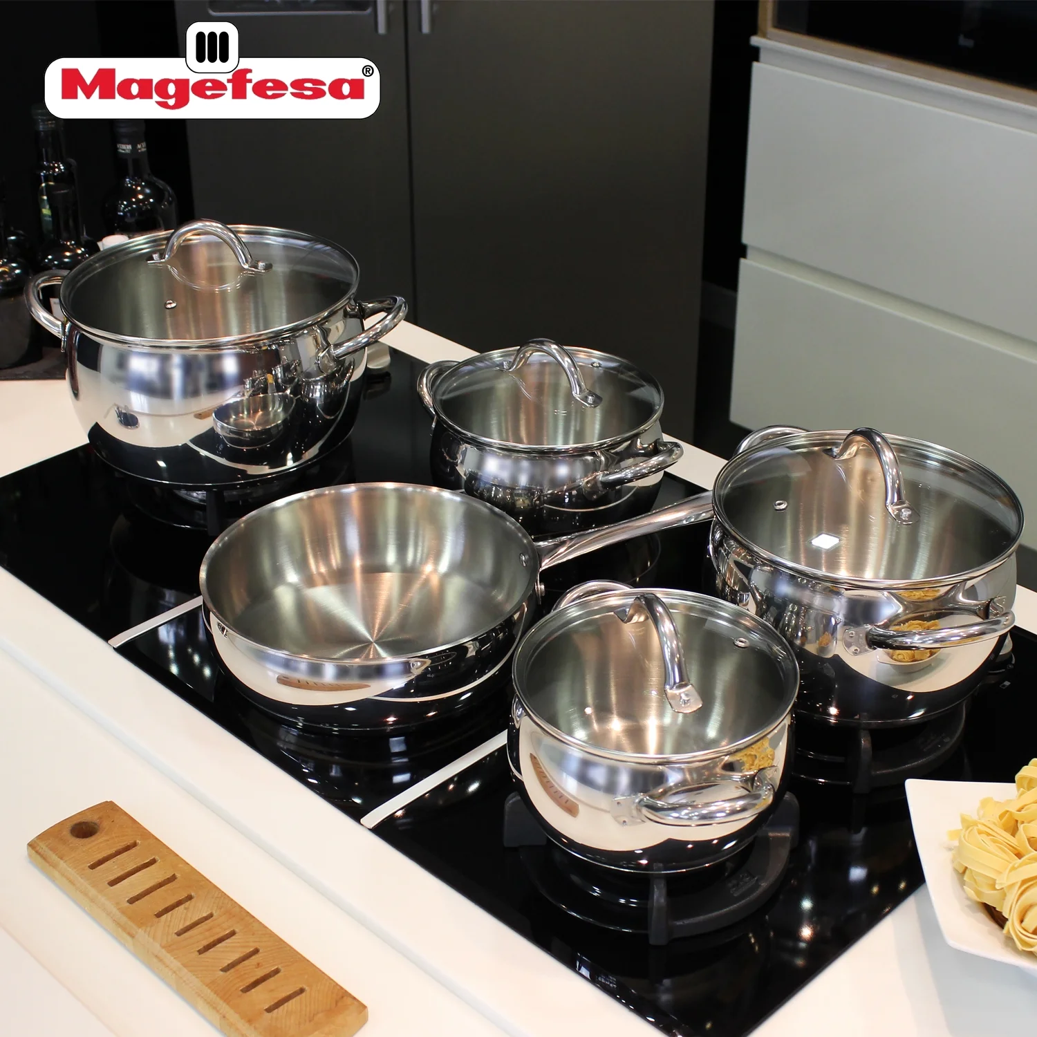 Magefesa Kuchen 9-Piece Stainless Steel Cookware Set, Includes Four Pots and a Frying Pan with Glass Lids and Ergonomic Handles, Suitable for All types of Stovetops including Induction
