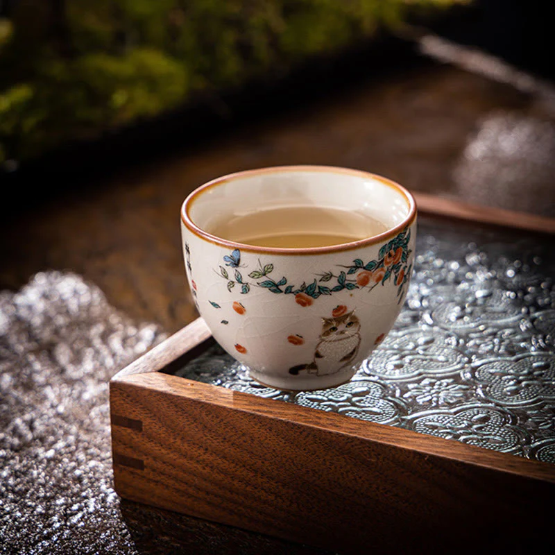 Buddha Stones Cute Cat Butterfly Teacup Kung Fu Tea Cup