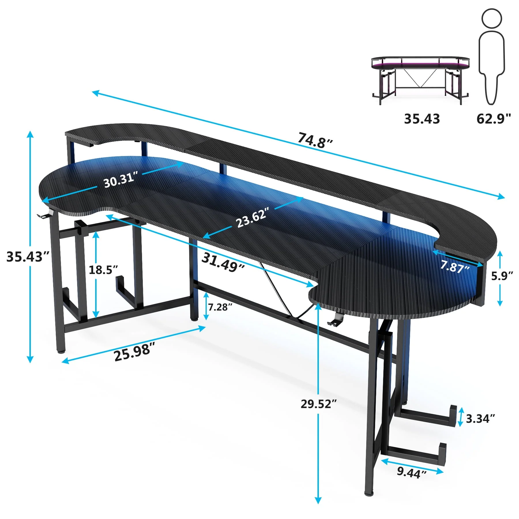 Tribesigns Gaming Desk with Monitor Shelf, 75 inch PC Computer Desk with LED Strip, Carbon Fiber Surface Gaming Table Gamer Workstation for Bedroom, Home Office, Black