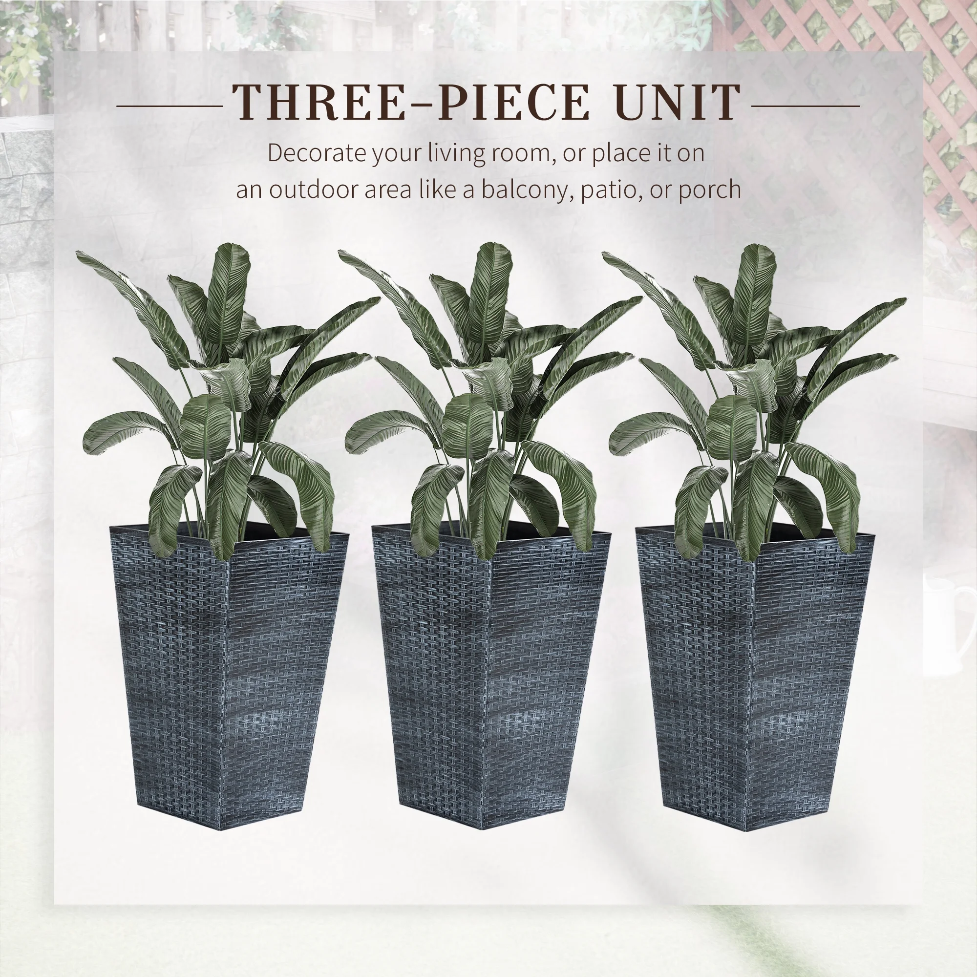 Outsunny Set of 3 Tall Planters with Drainage Hole, Outdoor Flower Plant Pots, Indoor Planters for Porch, Front Door, Entryway, Patio and Deck, Black