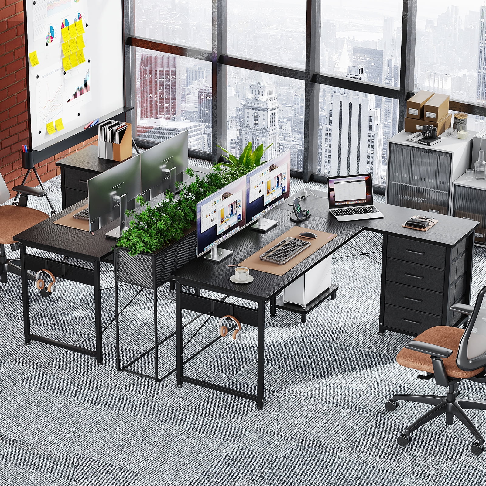Reversible Modern Simple Style L Shaped Desk with Charging Station and Drawers, Pure Black