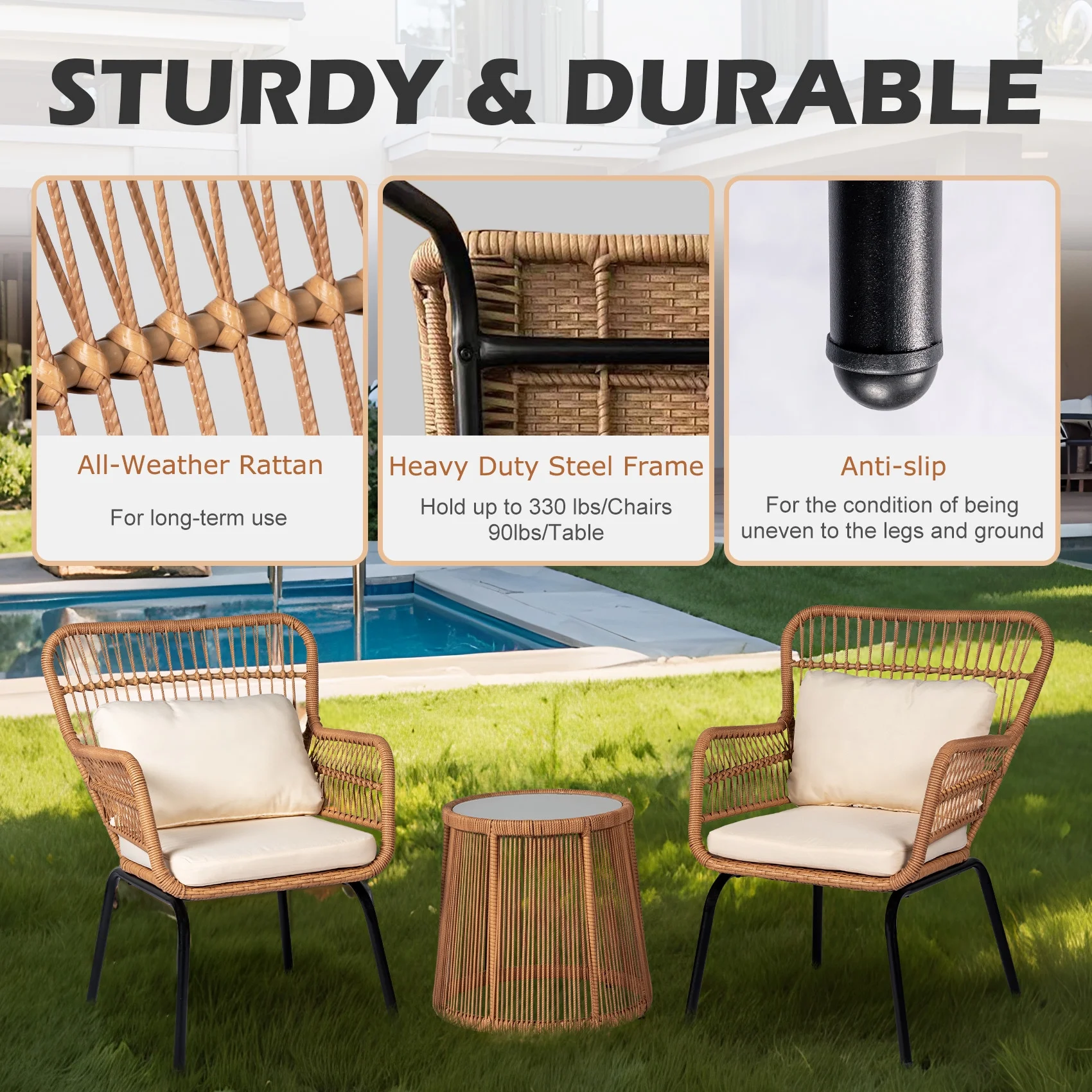 Tappio 3-Piece Patio Conversation Bistro Set Rattan Furniture, Outdoor Patio Set w/Glass Top Table & Cushions for Garden Balcony Backyard Poolside, Yellow/Beige