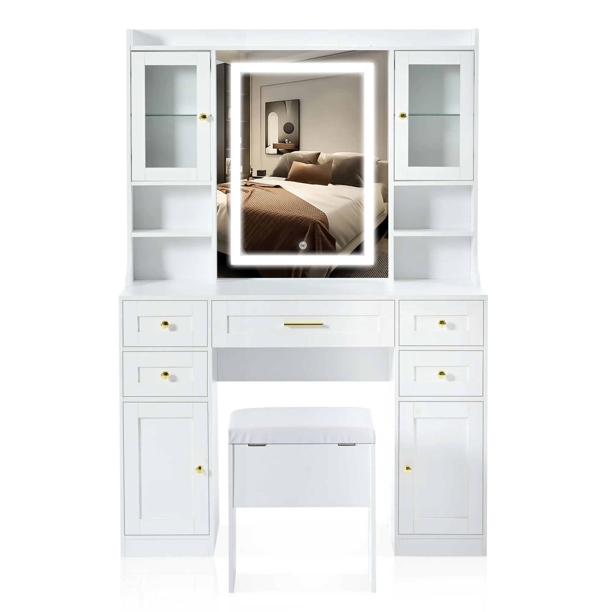 PORKISS Makeup Vanity with Mirror, Vanity Desk Set with 3 Colors Lights, Charging Station and Cushioned Storage Stool, Modern Dressing Table with 5 Drawers and 4 Cabinets for Bedroom, White