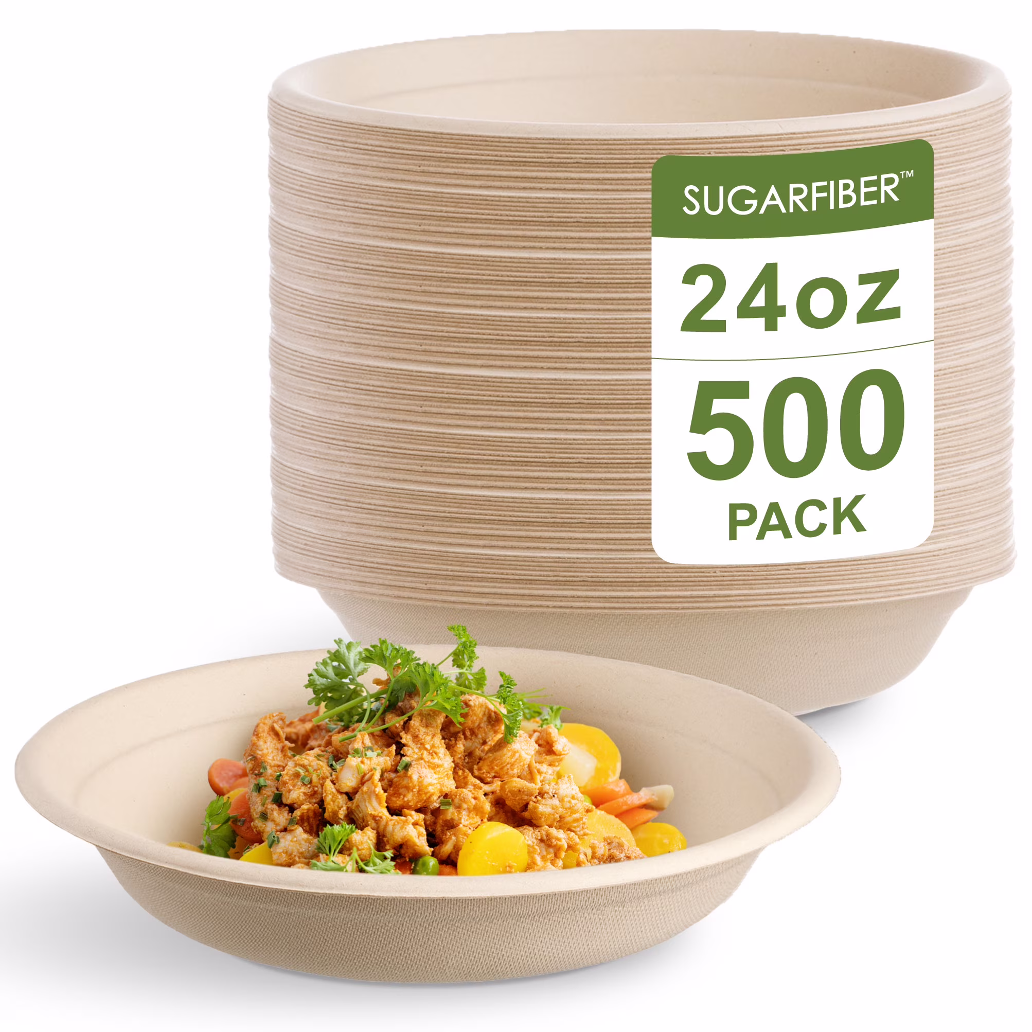 Sugarfiber Disposable 32 oz Compostable Heavy-Duty Round Paper Bagasse Bowls 500 Count