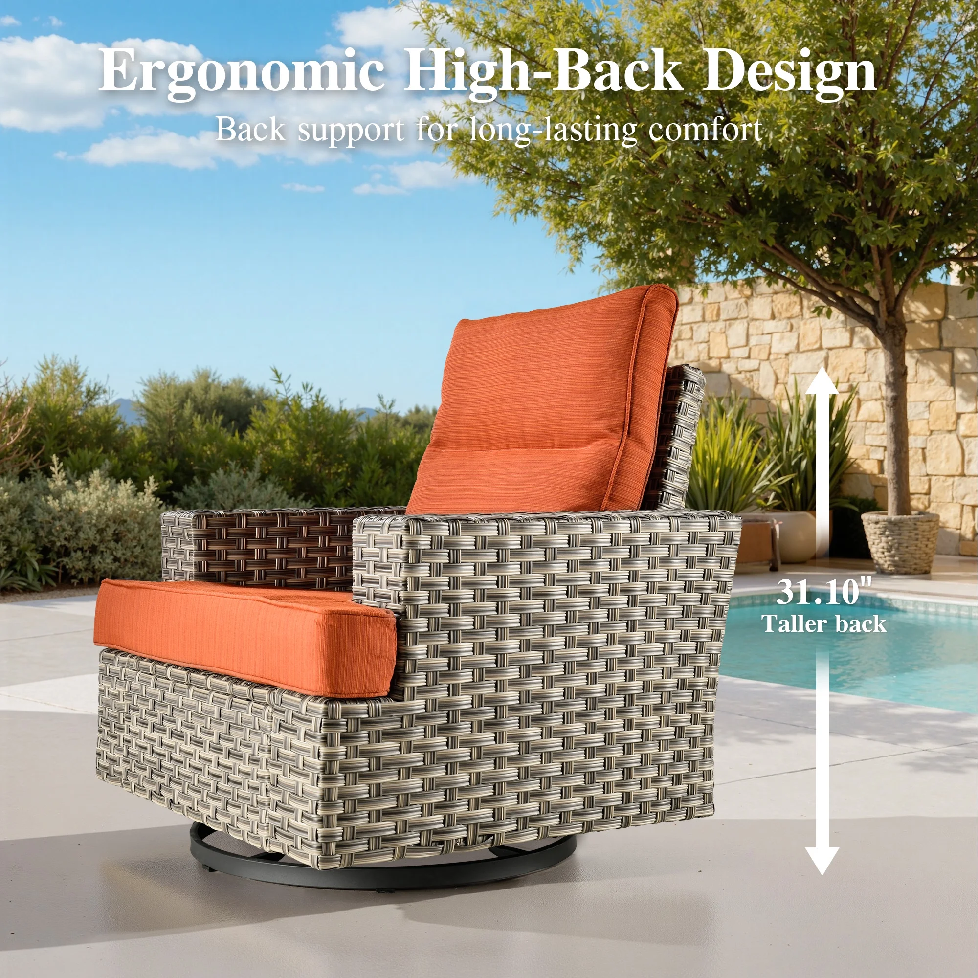 Ovios 10 Pieces Outdoor Patio Furniture Modern High-Back All-Weather Wicker Sectional Conversation Set with Propane Fire Pit Table & Swivel Chair, Dark Gray