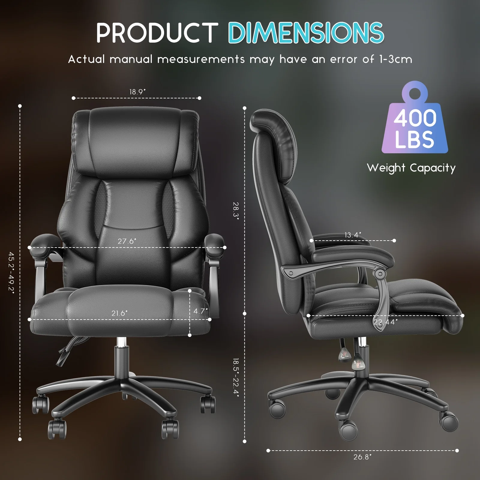 Solfway Big and Tall Office Chair 400LBS, High Back Black Leather Executive Office Chair, Computer Desk Chair with Adjustable Flip-up Arms, Wheels and Lumbar Support