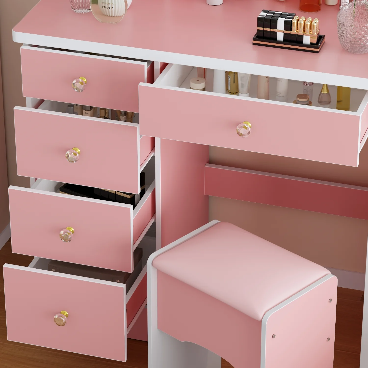 KULAGAGA Vanity Table Set with Light Mirror, Makeup Table with 3 Storage Shelves & 5 Drawers, Dressing Vanity Tables with , Dresser Desk for Girls, Women, White