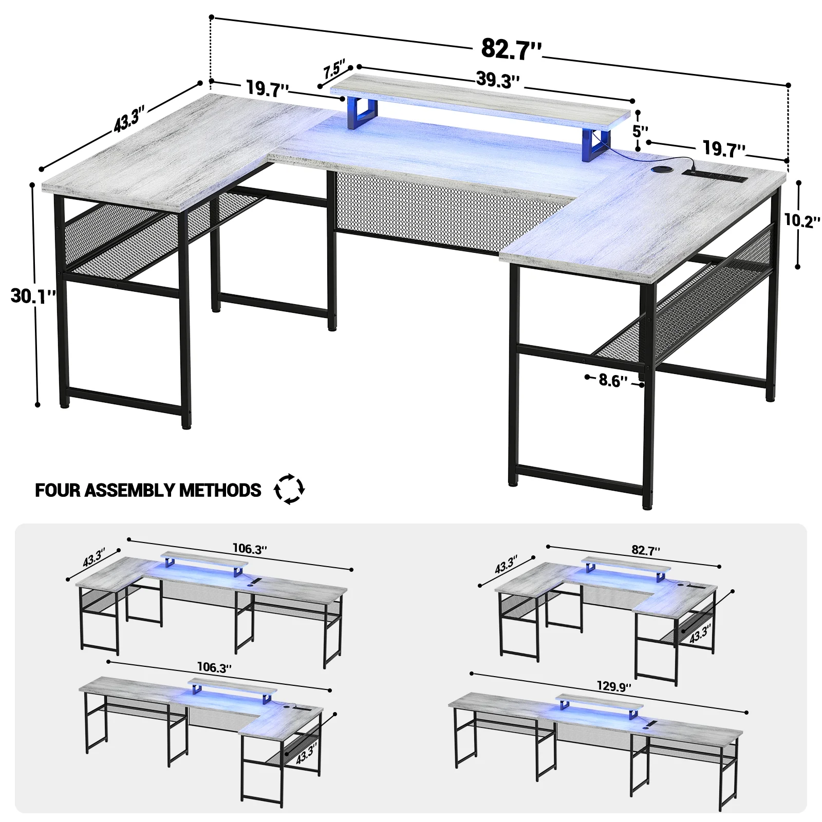 Homieasy U Shaped Desk with Power Outlet and LED Strips, 129.9'' Ergonomic L-Shaped Gaming Desk with Monitor Stand, Reversible Corner Computer Desk with Storage Shelf for Home Office, White Oak
