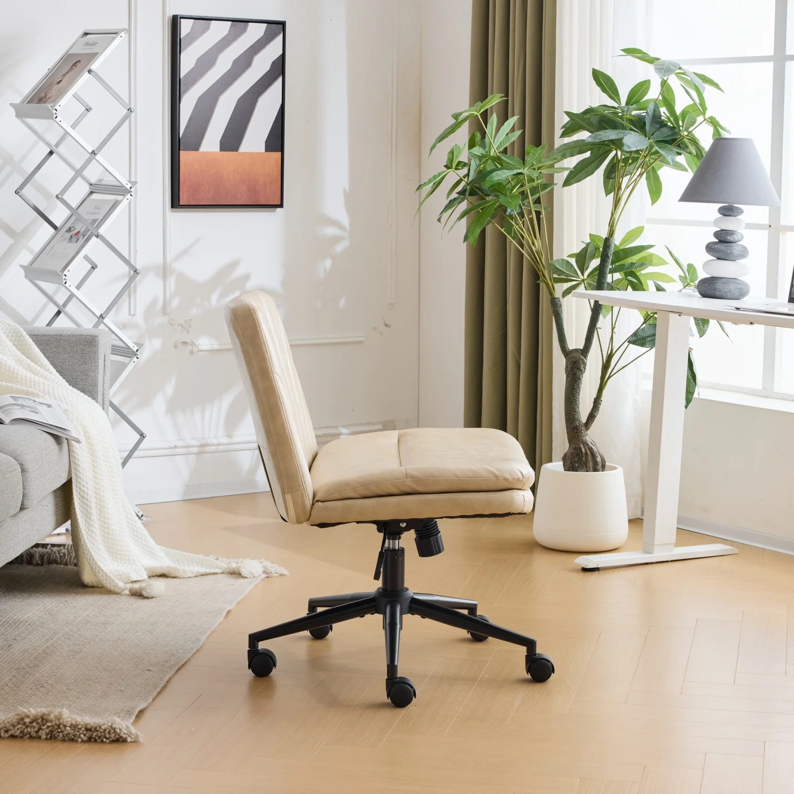 Ktaxon Armless Office Chair Swivel Study Chair Adjustable Desk Chair with Criss Cross Legs and Wheels for Conference and Home Faux Leather Gray