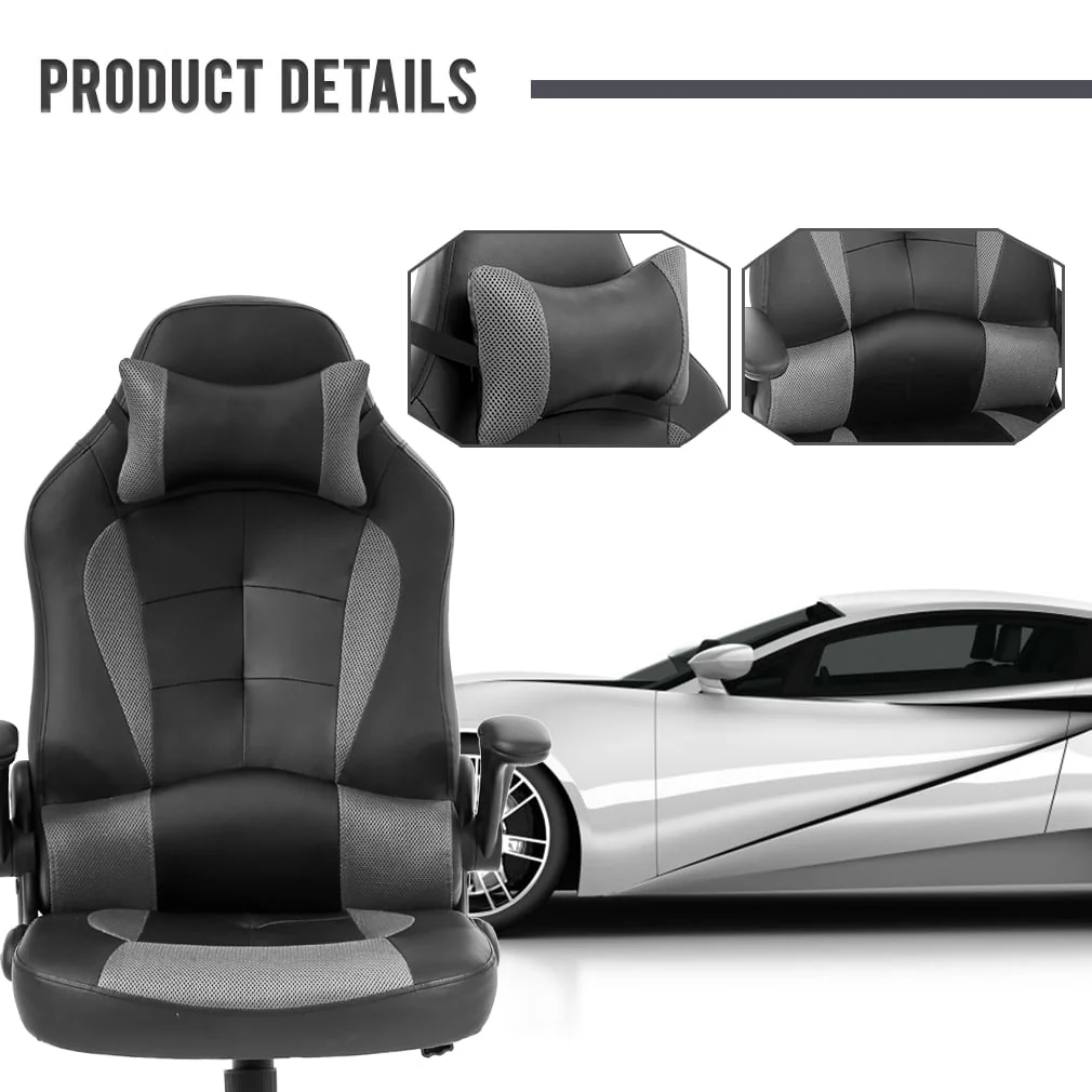 Gaming Chair Massage Office Chair Racing Desk Chair Ergonomic PC Executive High Back PU Leather Computer Chair with Lumbar Support Headrest Armrest Task Rolling Swivel Chair for Women Adults, Grey