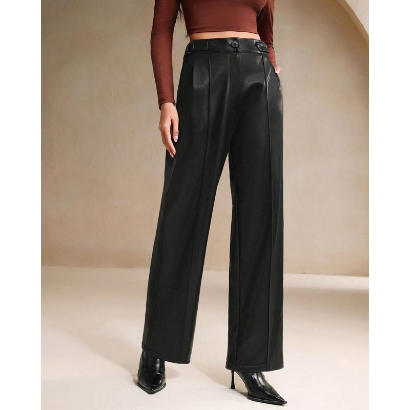 Women Faux Leather Pants High Waist Wide Leg