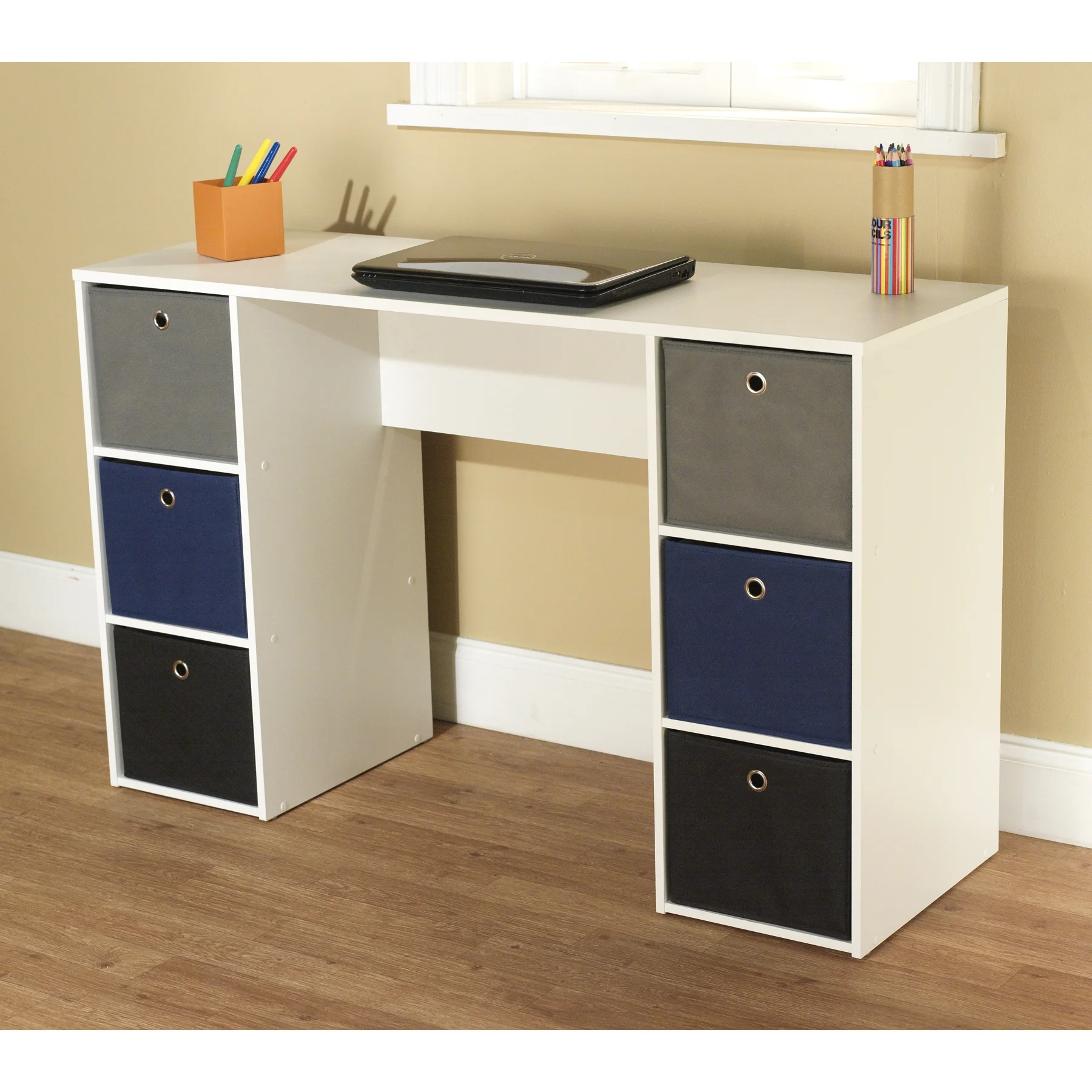 TMS Kids Contemporary Student Writing Desk with Storage Bins, White/Pink