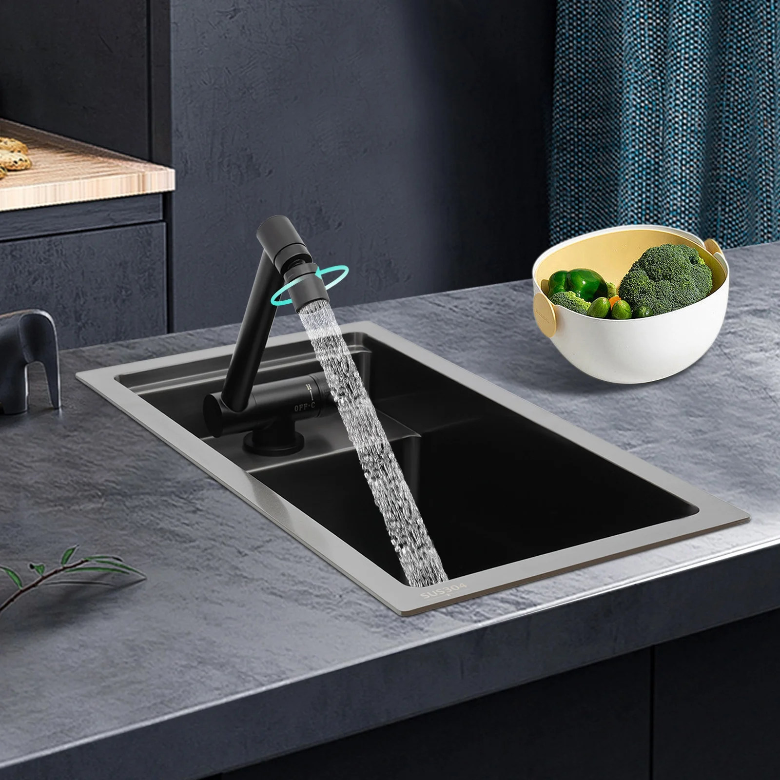 Modern Drop in Bar Sink, Single Bowl Kitchen Sink with Foldable Faucet, Black Nano 304 Stainless Steel Utility Sink for Compact Kitchen Commercial Hotel RV Laundry