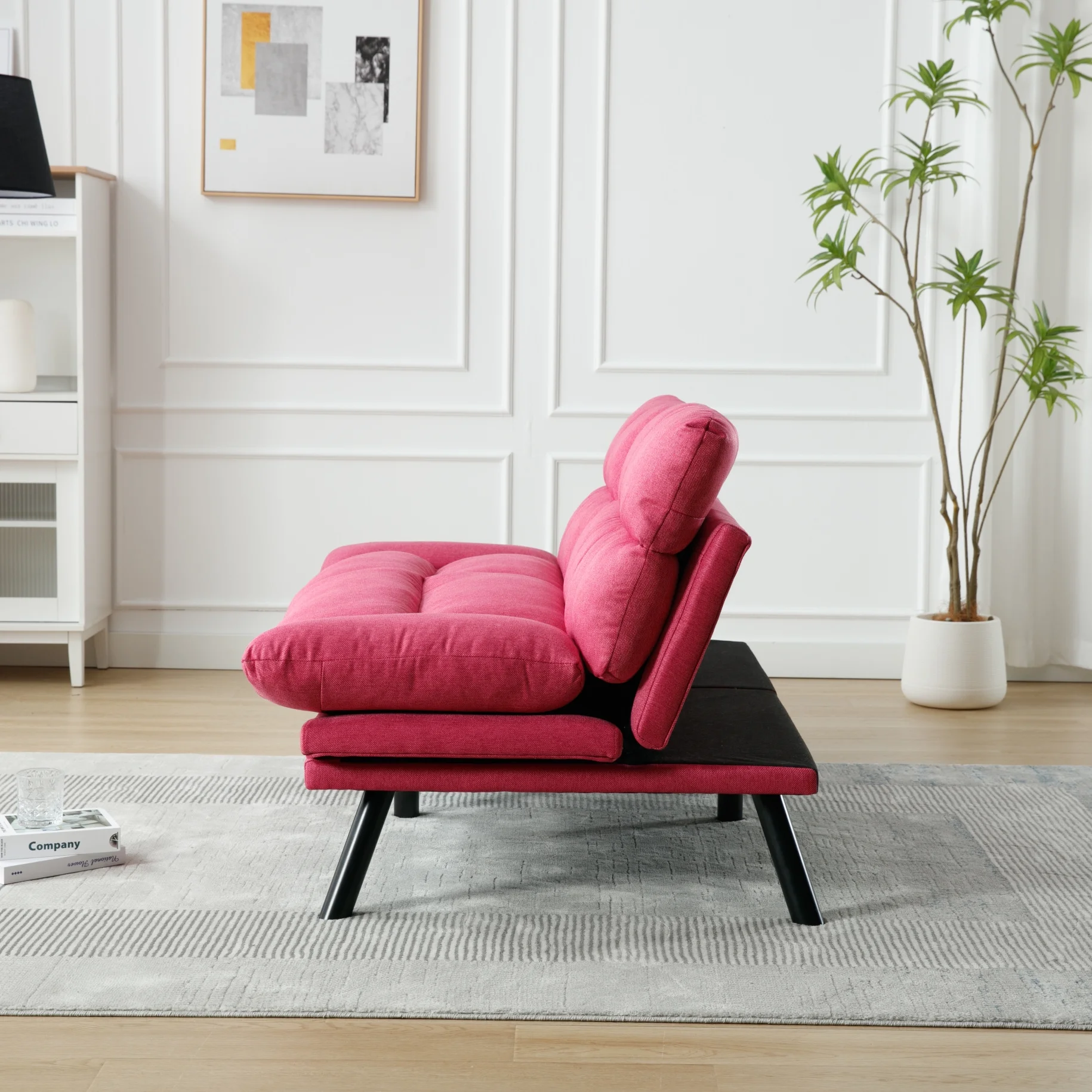 70 Inch Convertible Futon Sofa Bed, Adjustable Backrest & Armrests, Ultra-Comfortable & Durable Linen Cushion for Bedroom & Living Room, Rose Red