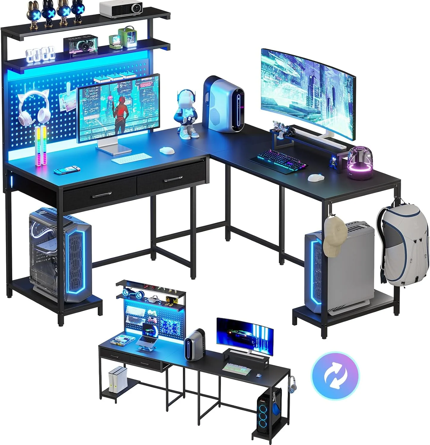 SEDETA White L Shaped Gaming Desk with LED Lights and Drawers, Gaming Desk with Hutch & Pegboard, Computer Desk with Monitor Stand, Storage Shelves, Home Office Desk Corner Desk, Gaming Table
