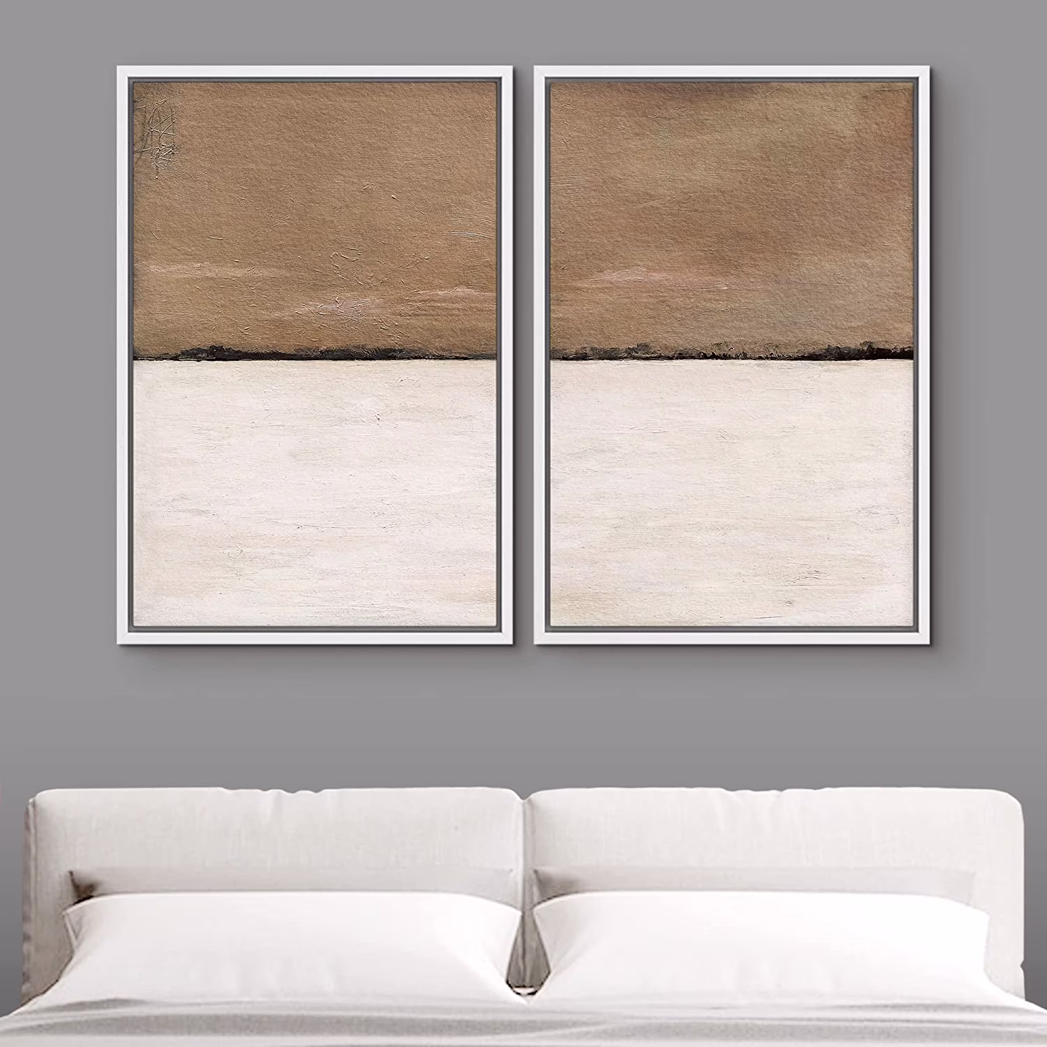 IDEA4WALL Framed Canvas Print Wall Art Set of 2 Brown Tan Pastel Landscape Geometric Abstract Modern Art Decorative Contemporary Bohemian Artwork for Bedroom, Office - 16