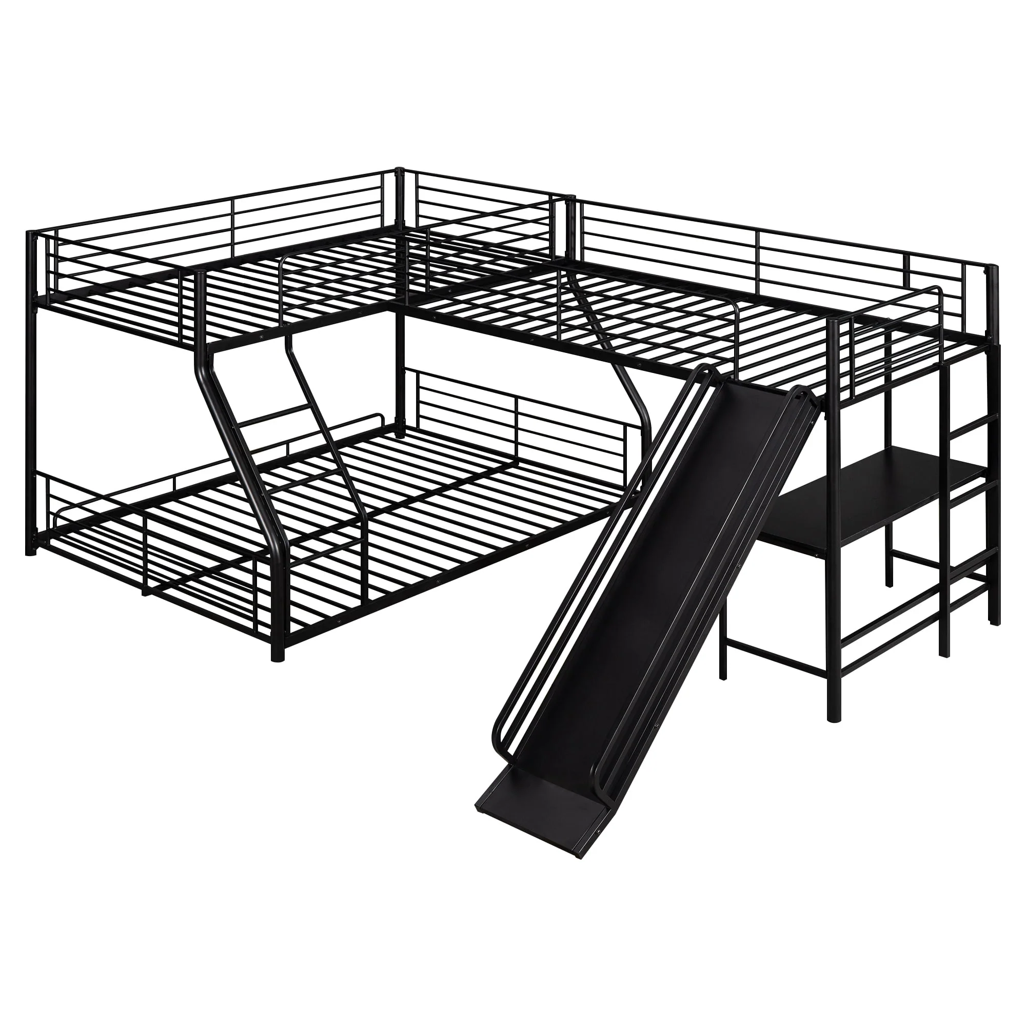 Metal L-Shaped Twin over Full Bunk and Loft Bed with Desk for Kids, Black